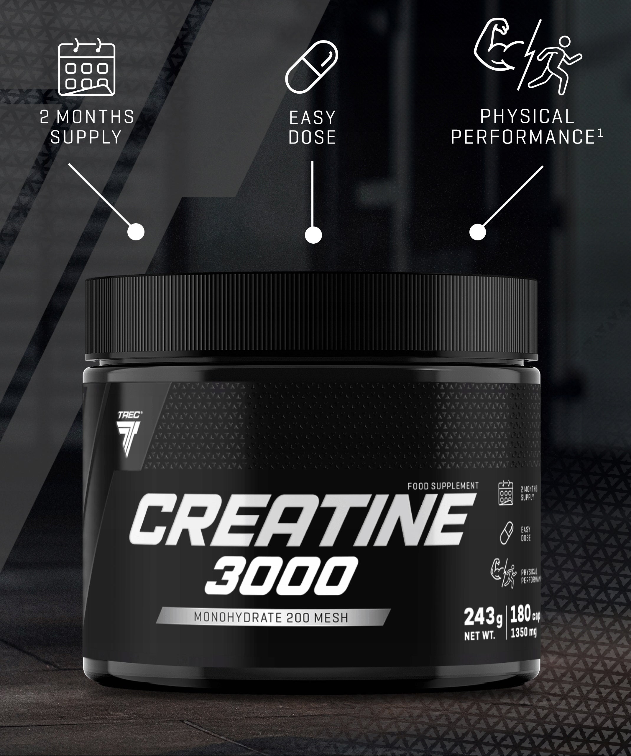 TREC CREATINE 3000 MONOHYDRATE 200 MESH Creatine Monohydrate|180 capsules Expiration date at least six months from the date of purchase