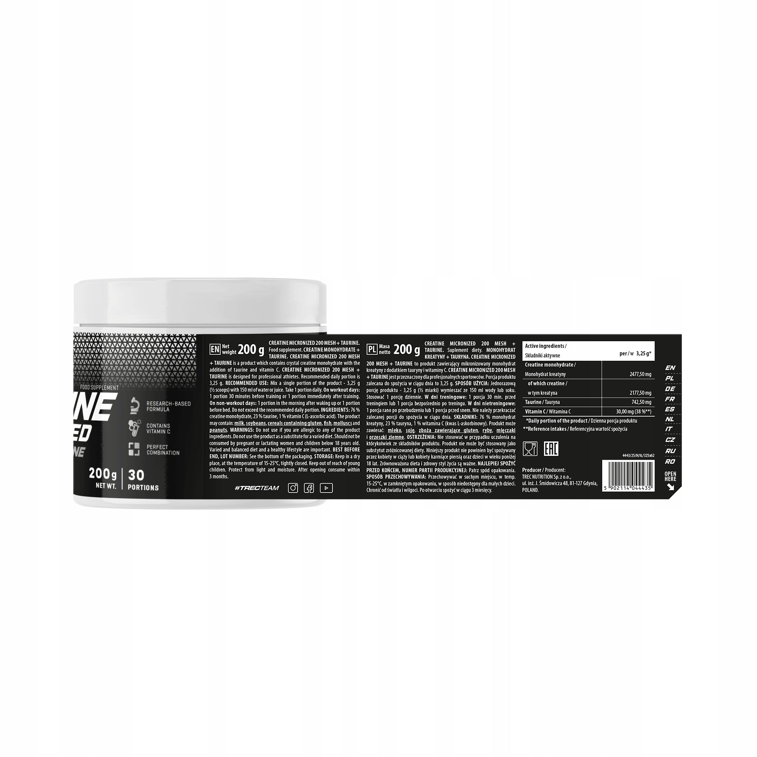TREC CREATINE MONOHYDRATE 200 MESH + TAURINE 200G Creatine Monohydrate Crea Expiration date at least six months from the date of purchase