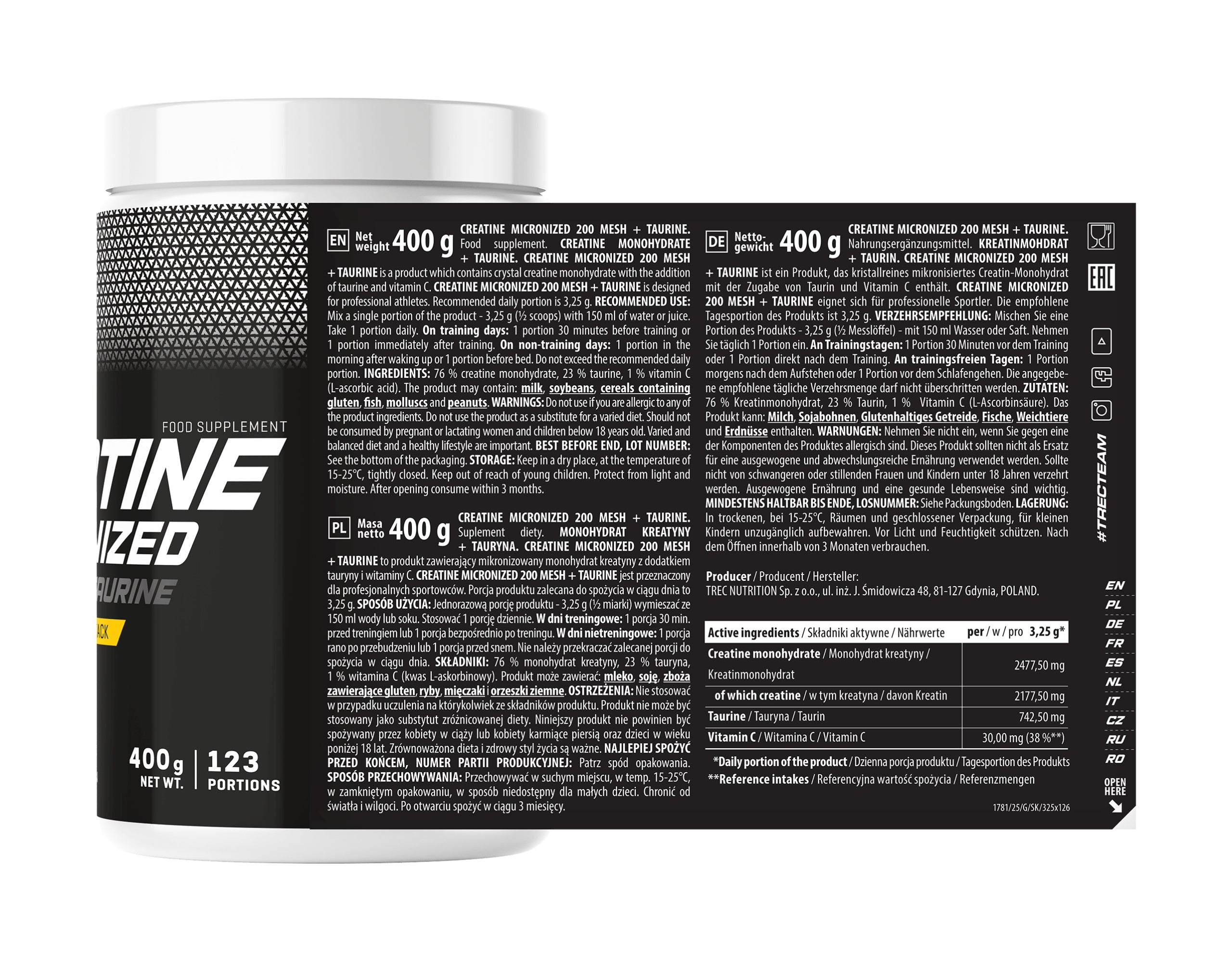 TREC CREATINE XXL Micronized Monohydrate + TAURINE Physical Performance Expiration date at least six months from the date of purchase
