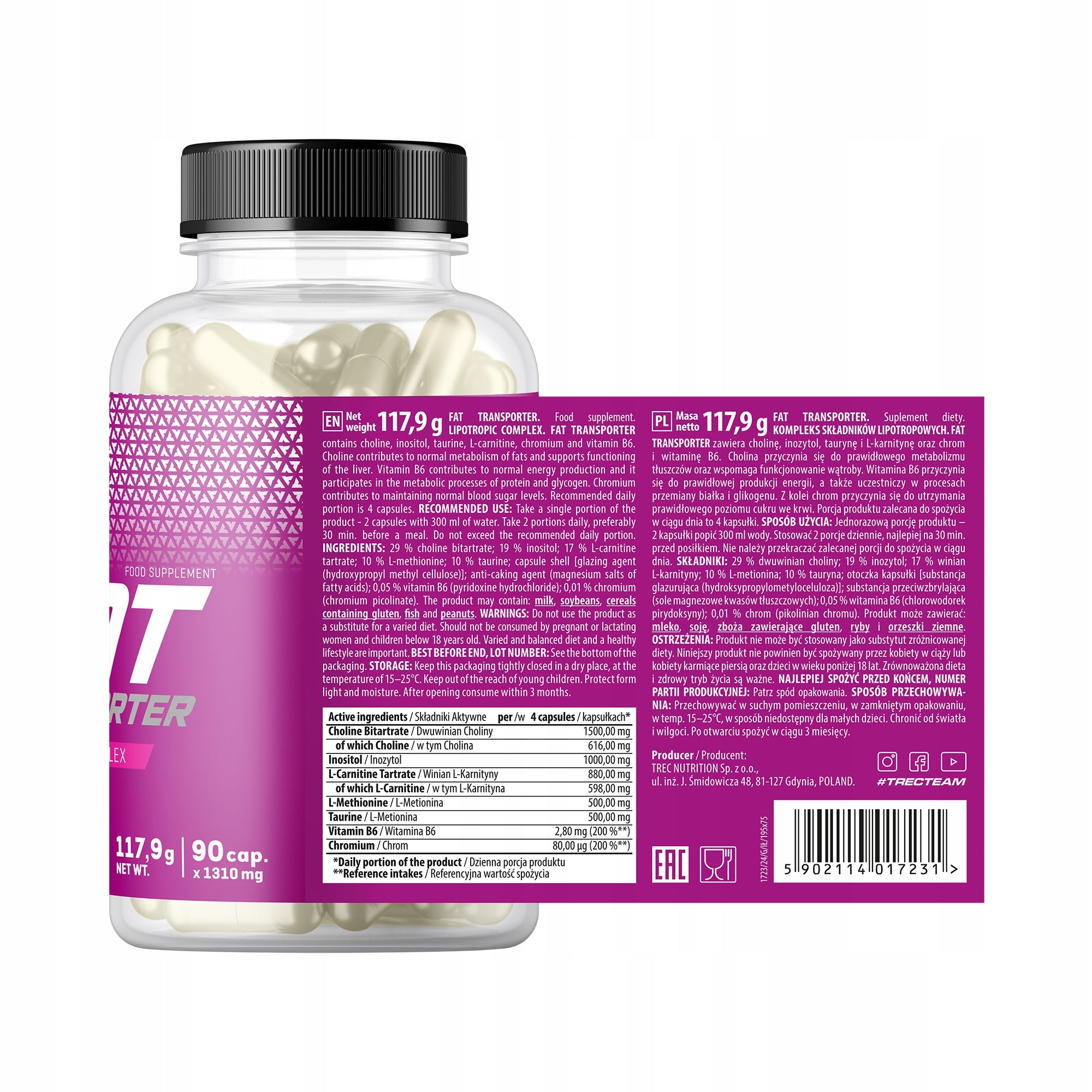 TREC FAT TRANSPORTER 90 capsules contains chromium vitamin B6 taurine Manufacturer code zawiera l-karnitynę, l-metionine