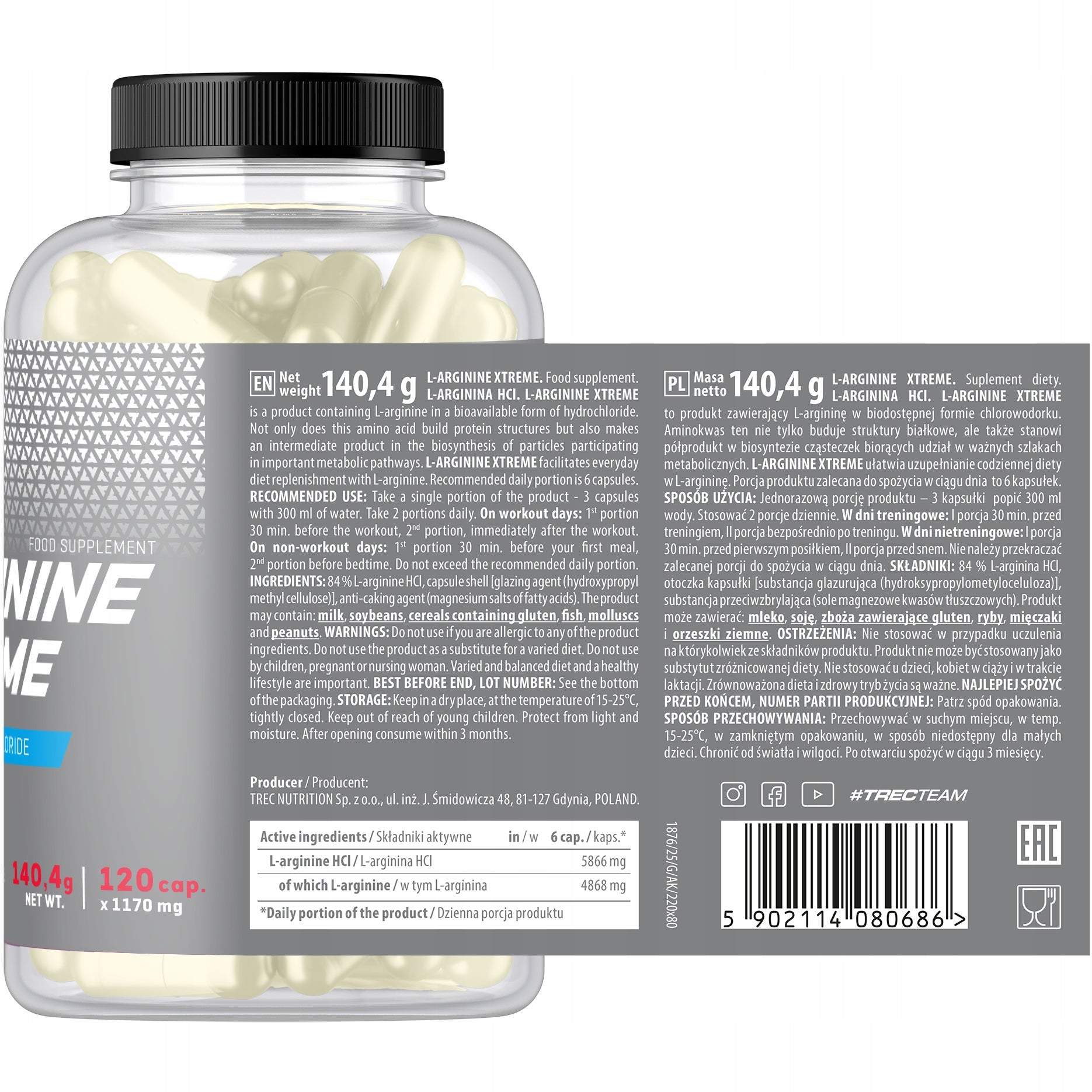 TREC L-ARGININE XTREME 120 CAPSULES MEGA BOOSTER PUMP Strength & Muscle Expiration date at least six months from the date of purchase