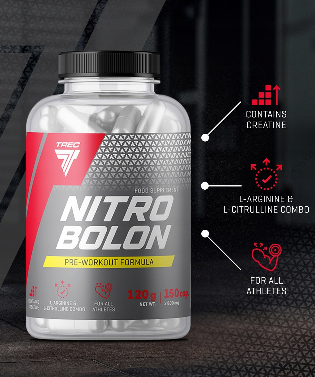 TREC NITROBOLON PRE-WORKOUT CITRULLINE CREATINE PRE-WORKOUT|150 caps. Expiration date at least six months from the date of purchase