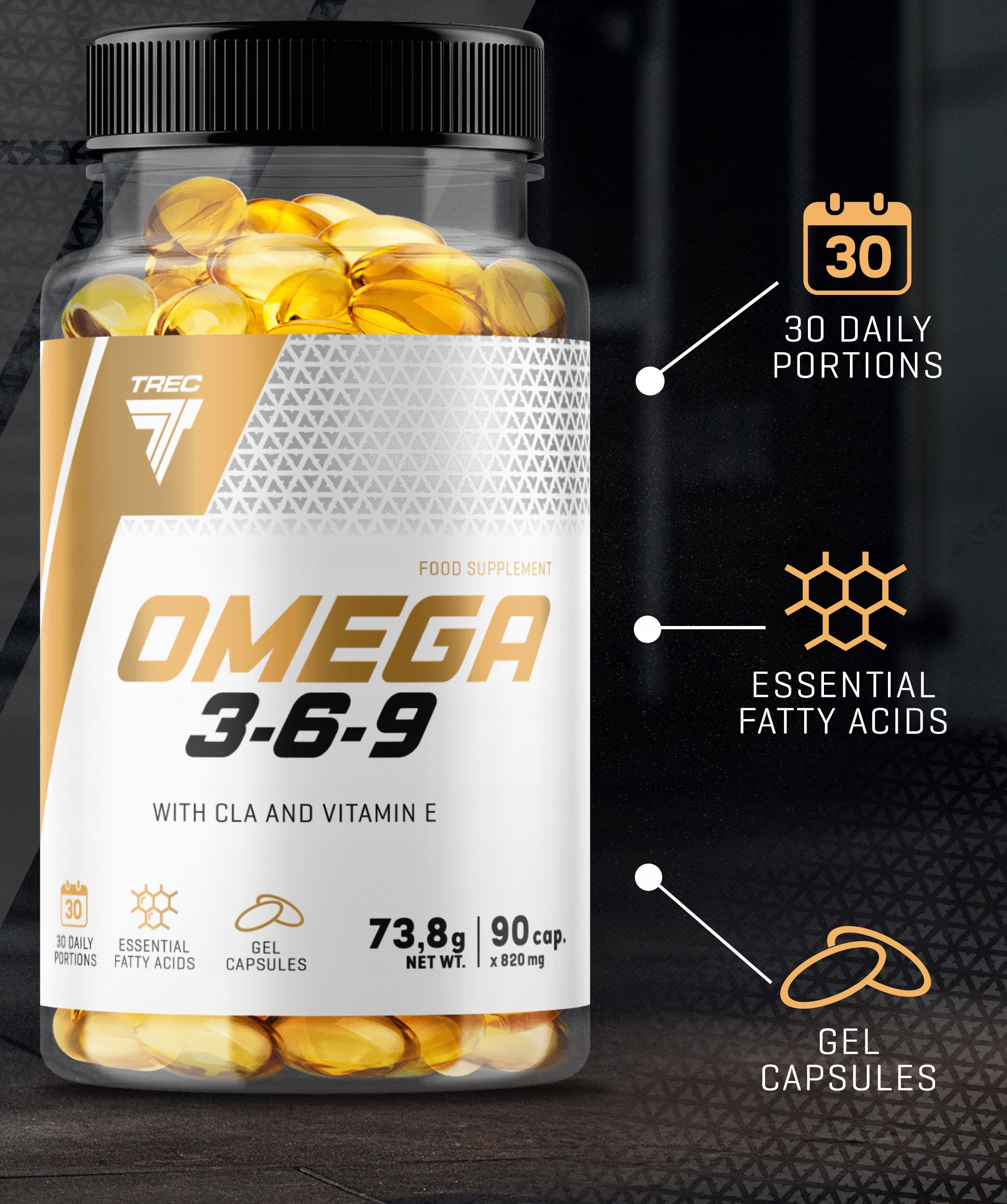 TREC OMEGA 3-6-9 90 ACIDS GLA ALA EPA DHA CLA VITAMIN E FISH OIL|90 kaps. Brand Trec Nutrition