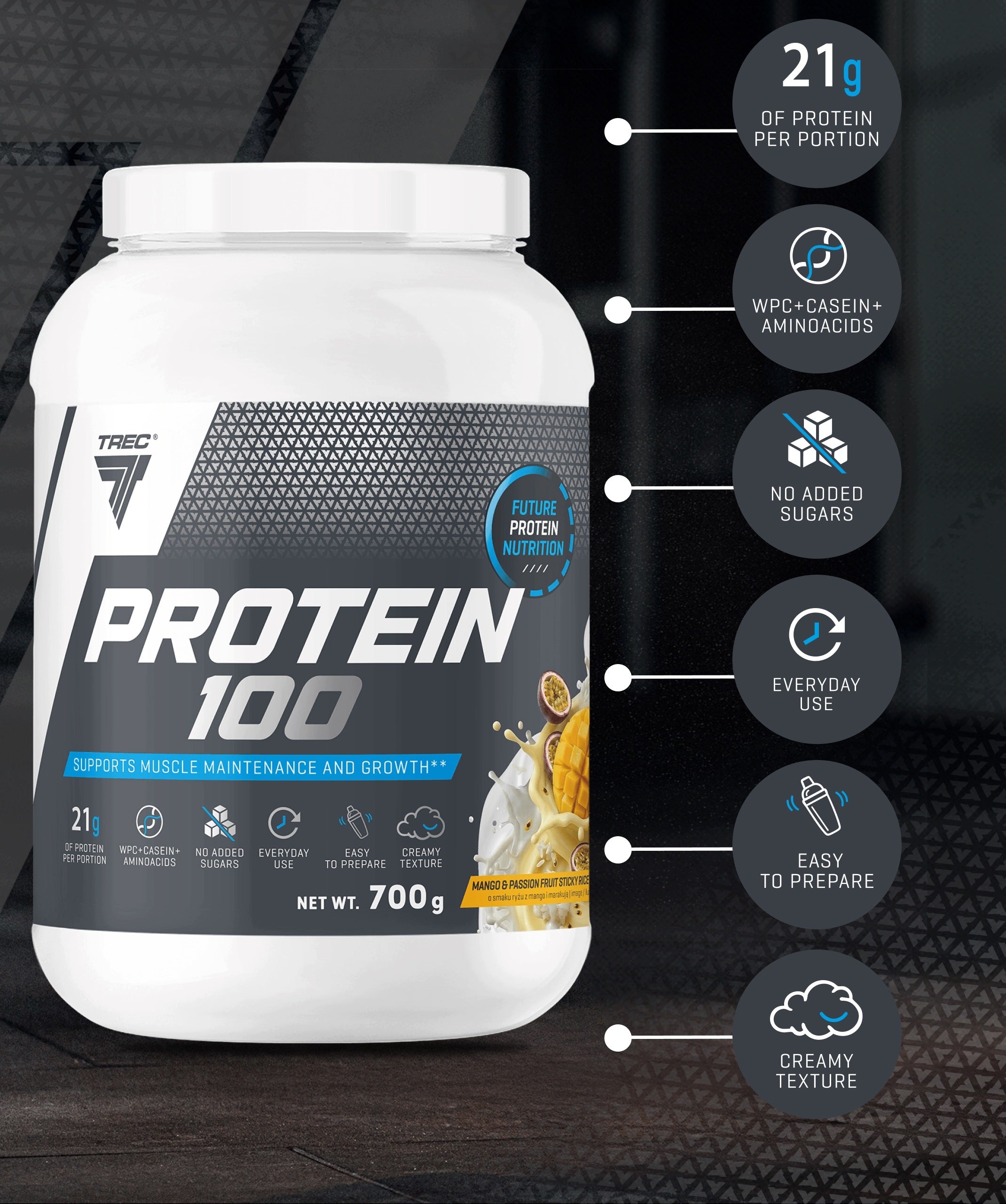 TREC PROTEIN 100 Protein Conditioner WPC CASEIN|700 g mango passion fruit Expiration date at least six months from the date of purchase