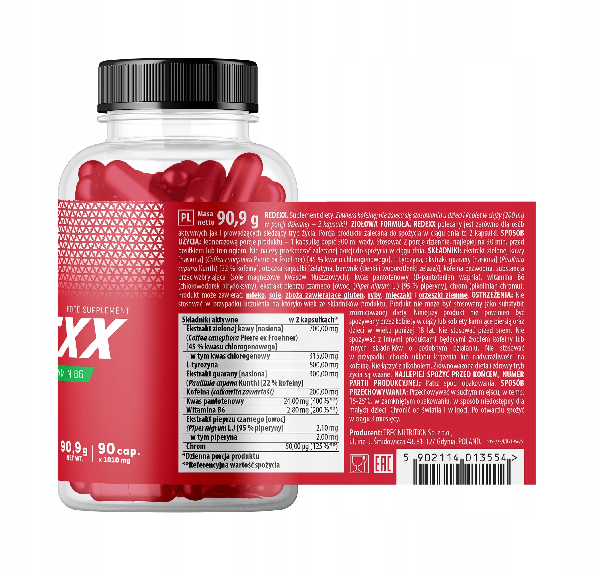 TREC REDEXX 90 capsules contains Caffeine Vitamin B6 Chromium Pantothenic Acid Manufacturer code zawiera ekstrakt z zielonej kawy, guarany