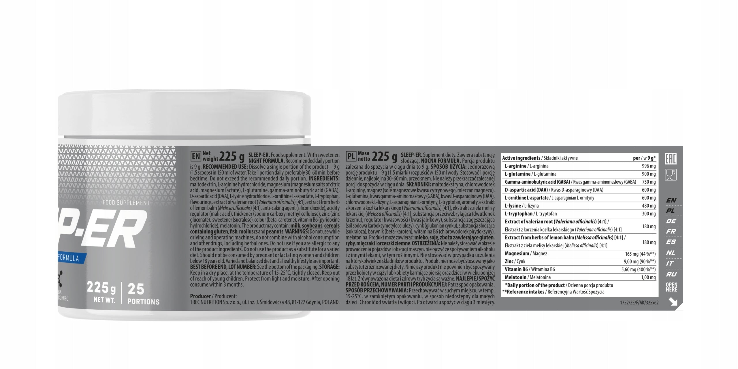 TREC SLEEP-ER contains ZINC MAGNESIUM MELATONINE VITAMIN B6 225g powder Manufacturer code zawiera kwas gamma-aminomasłowy - GABA