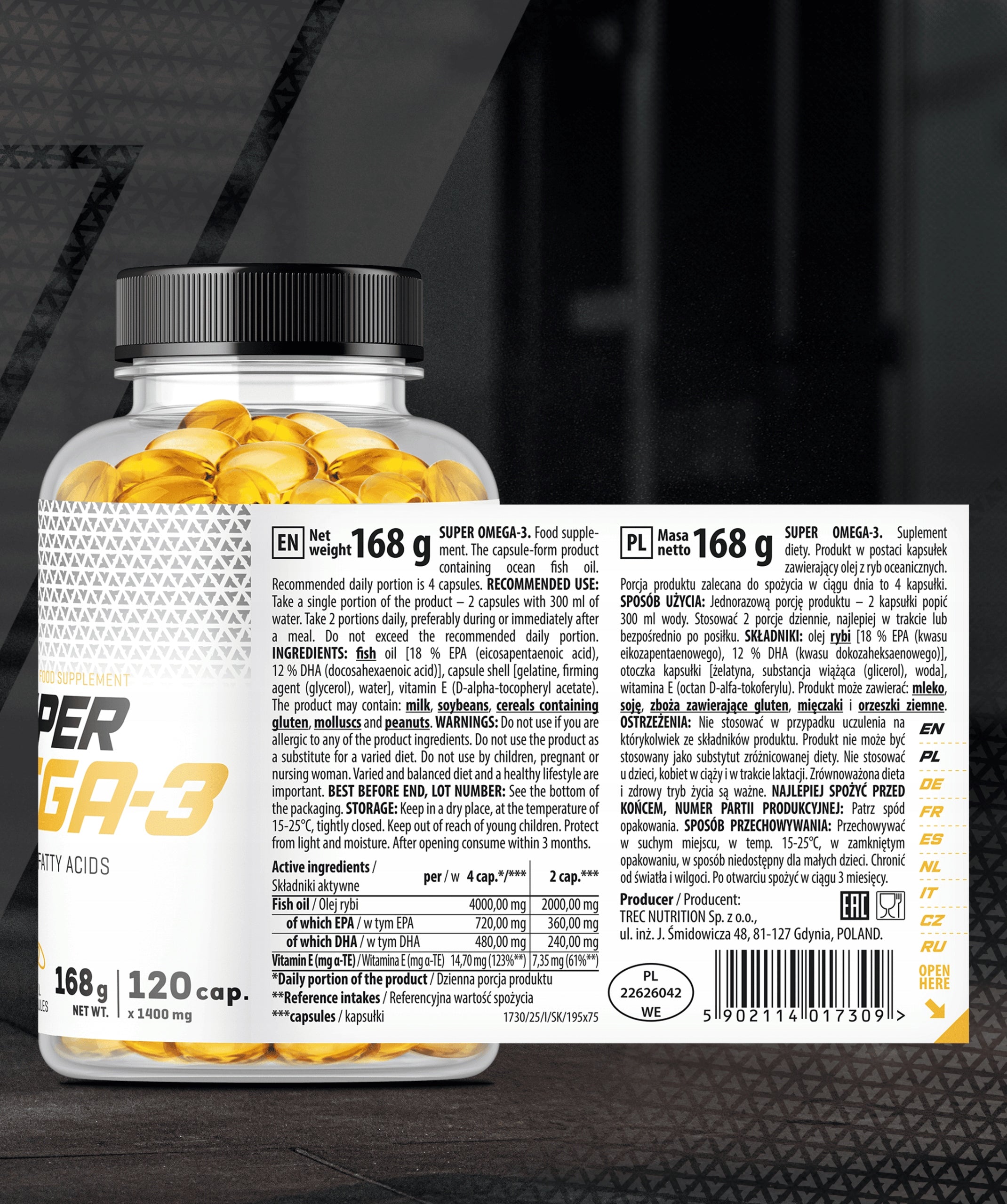 TREC SUPER OMEGA 3 HEALTHY FATS EPA DHA FISH OIL VITAMIN E|120 capsules Manufacturer code wsparcie pamięci odporności serca wzrok