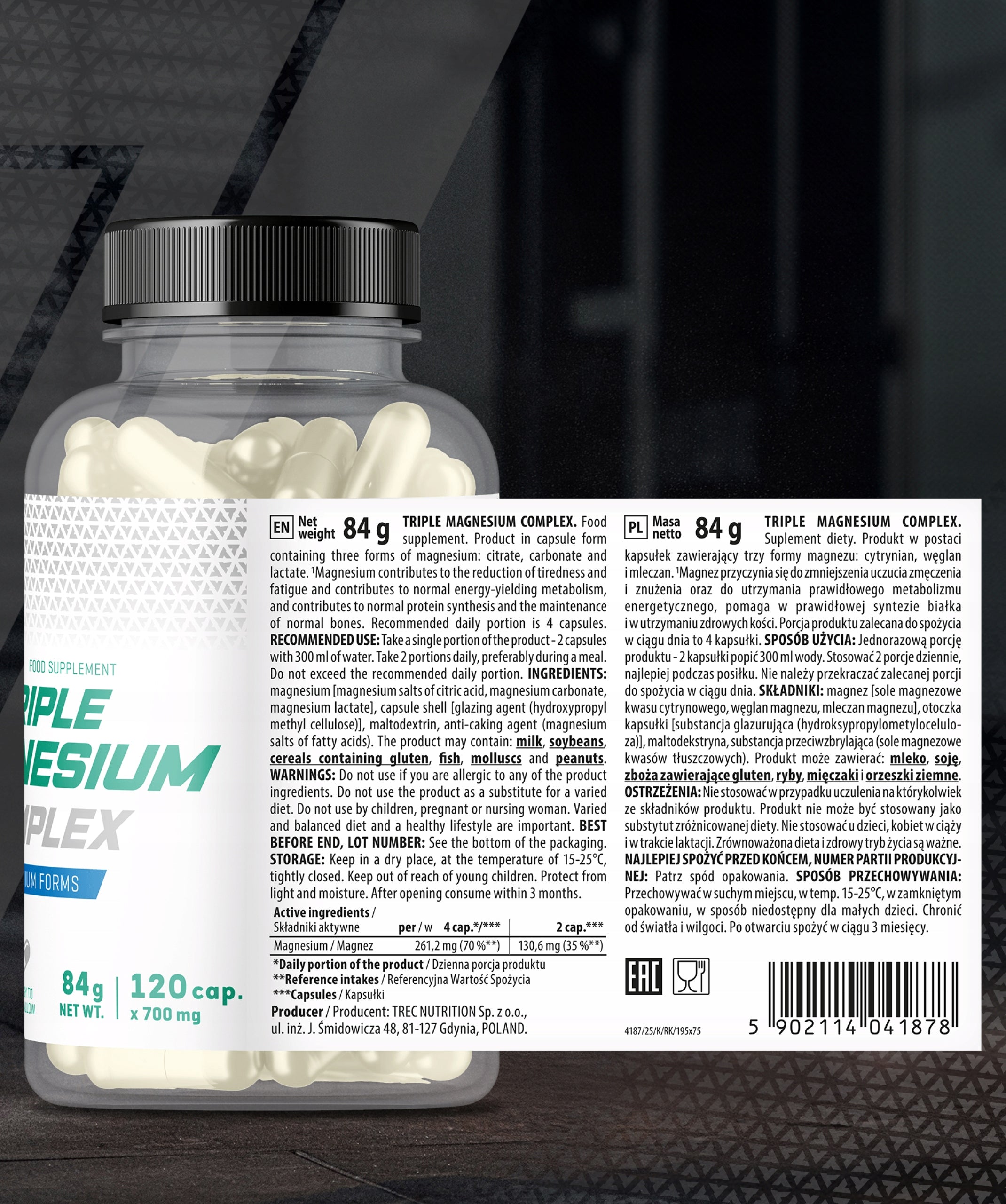 TREC TRIPLE MAGNESIUM COMPLEX 3 FORMS OF MAGNESIUM CITRATE LACTATE CARBONATE|120 Manufacturer code wsparcie, zmniejszenie uczucia zmęczenia znu