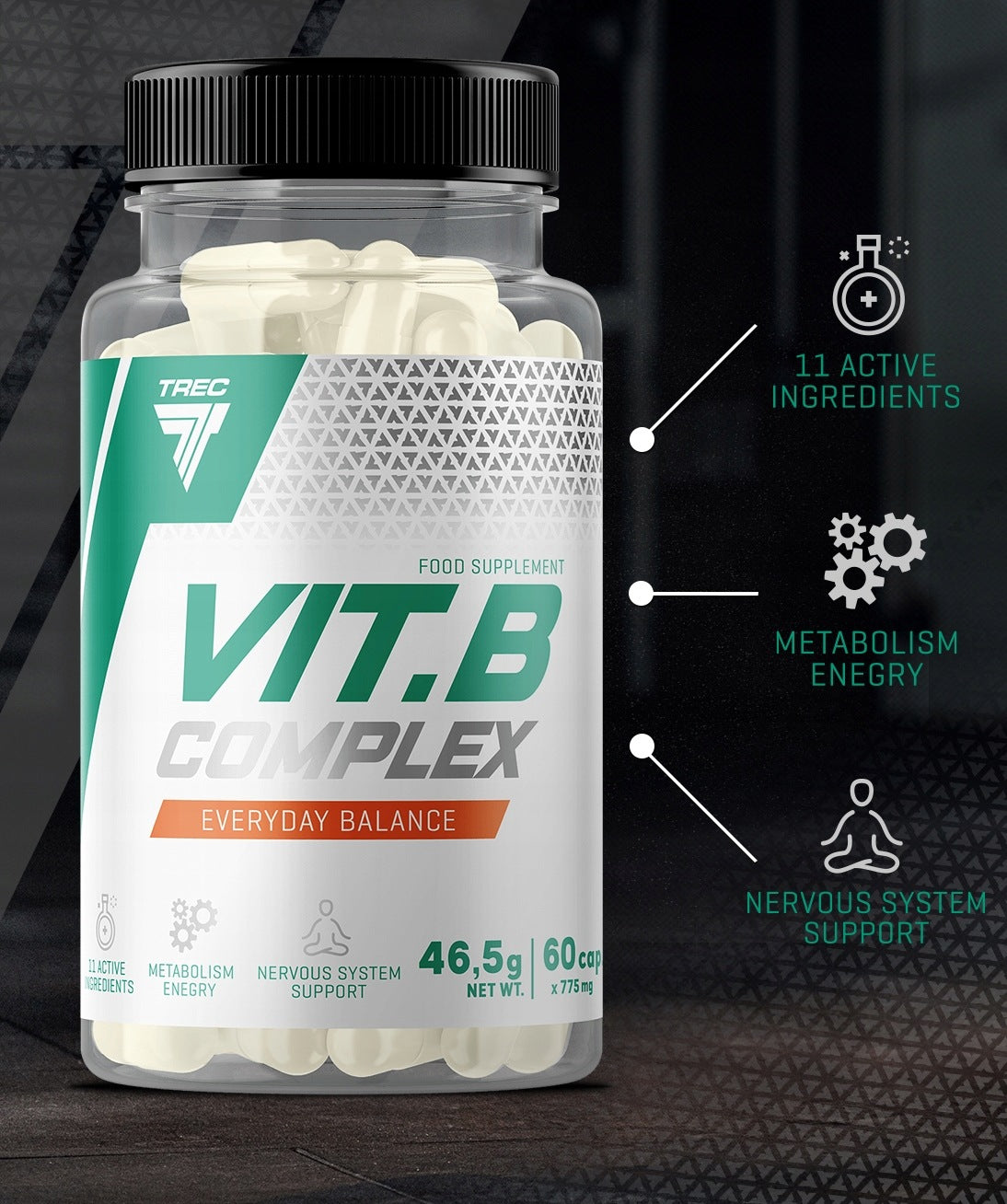 TREC VITAMIN B COMPLEX VITAMIN B BIOTIN ENERGY STRENGTH VITALITY|60 kaps. Manufacturer code niacyna, kwas pantotenowy, kwas foliowy, B12