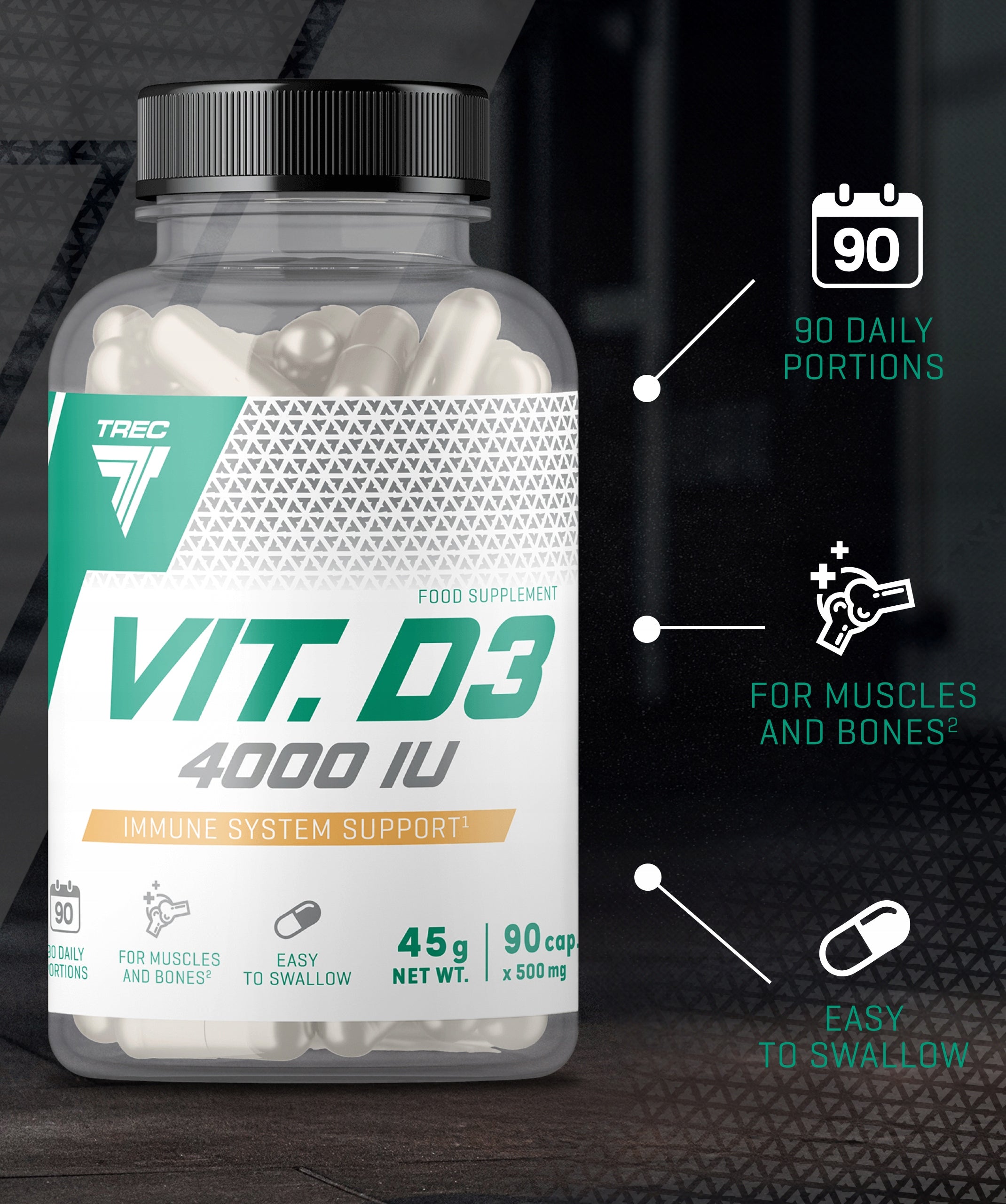TREC VITAMIN D3 4000 IU Support for Muscle Immune System|90 capsules Manufacturer code 5902114019174