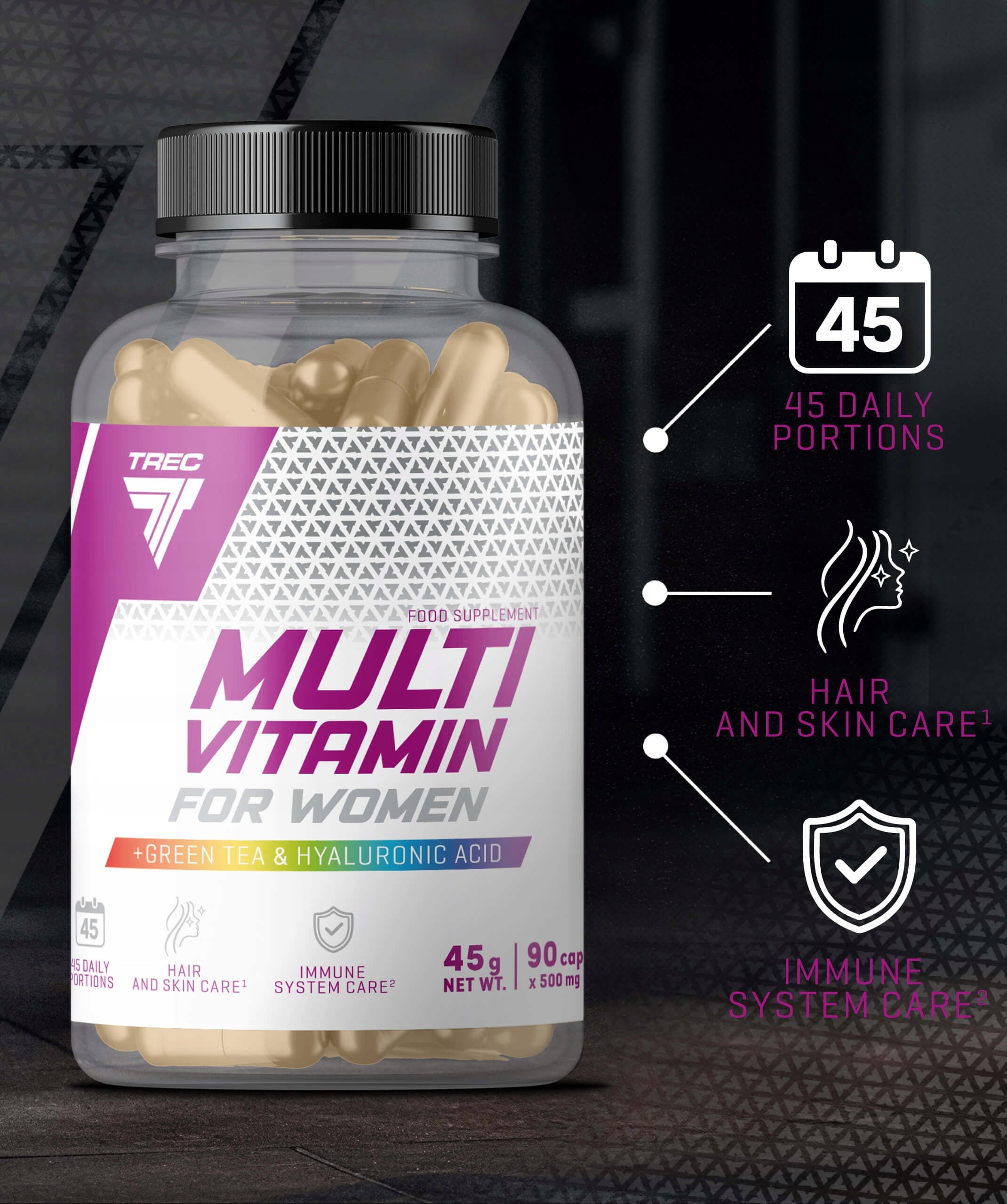 TREC Vitality MULTIVITAMIN FOR WOMEN Vitamins Collagen Hydrolysate|90caps. Manufacturer code zawiera kwas hialuronowy, witaminę A B C D E