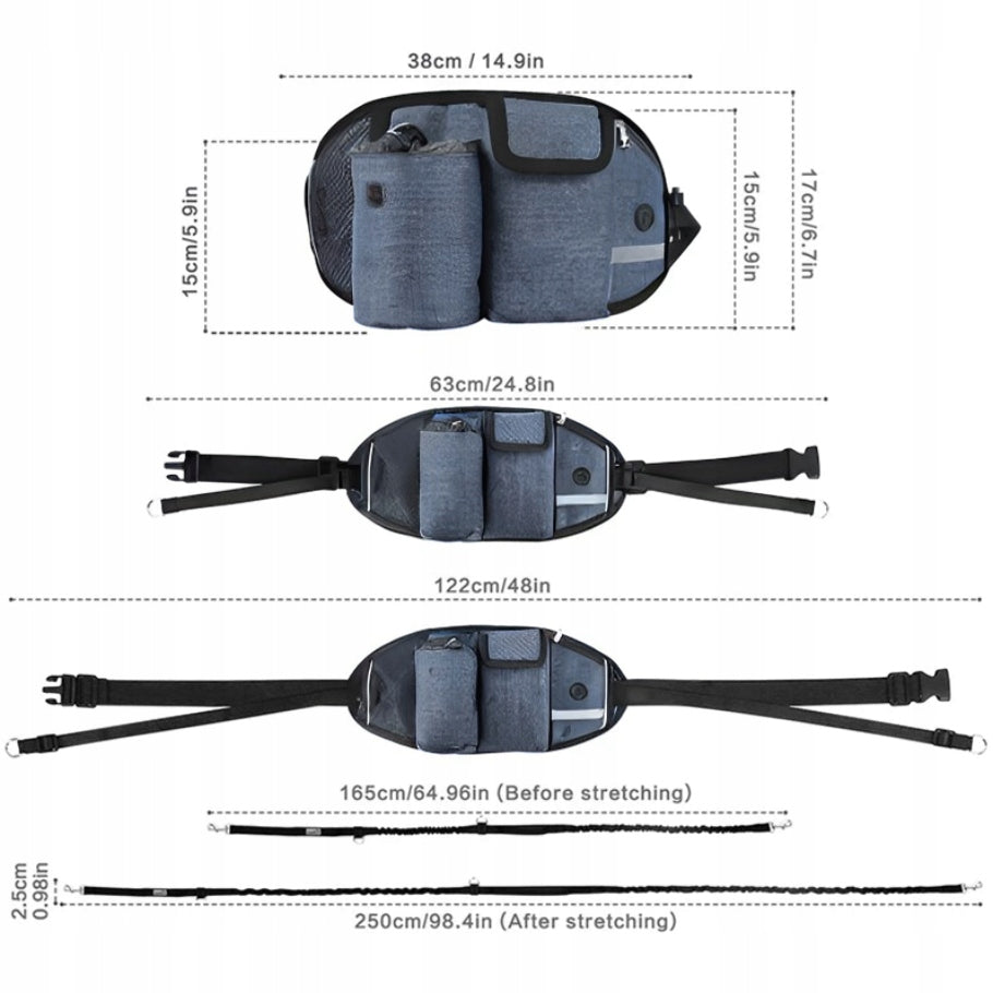 TREKKING BELT HIP SACHET UNIVERSAL LEASH FOR RUNNING WITH DOG GREY Color gray