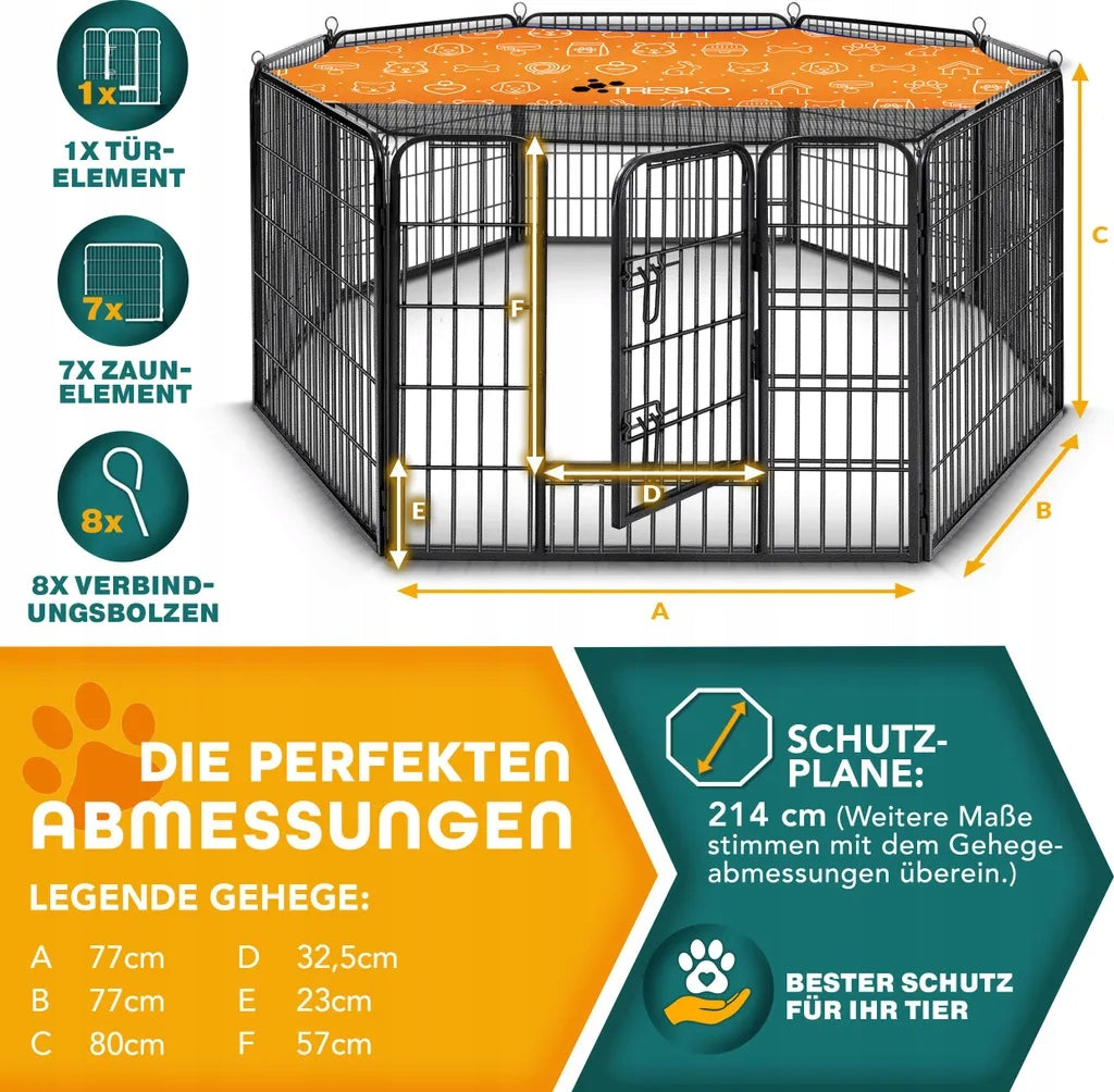 TRESKO Playpen for puppies 80 cm high with roof and ground anchors