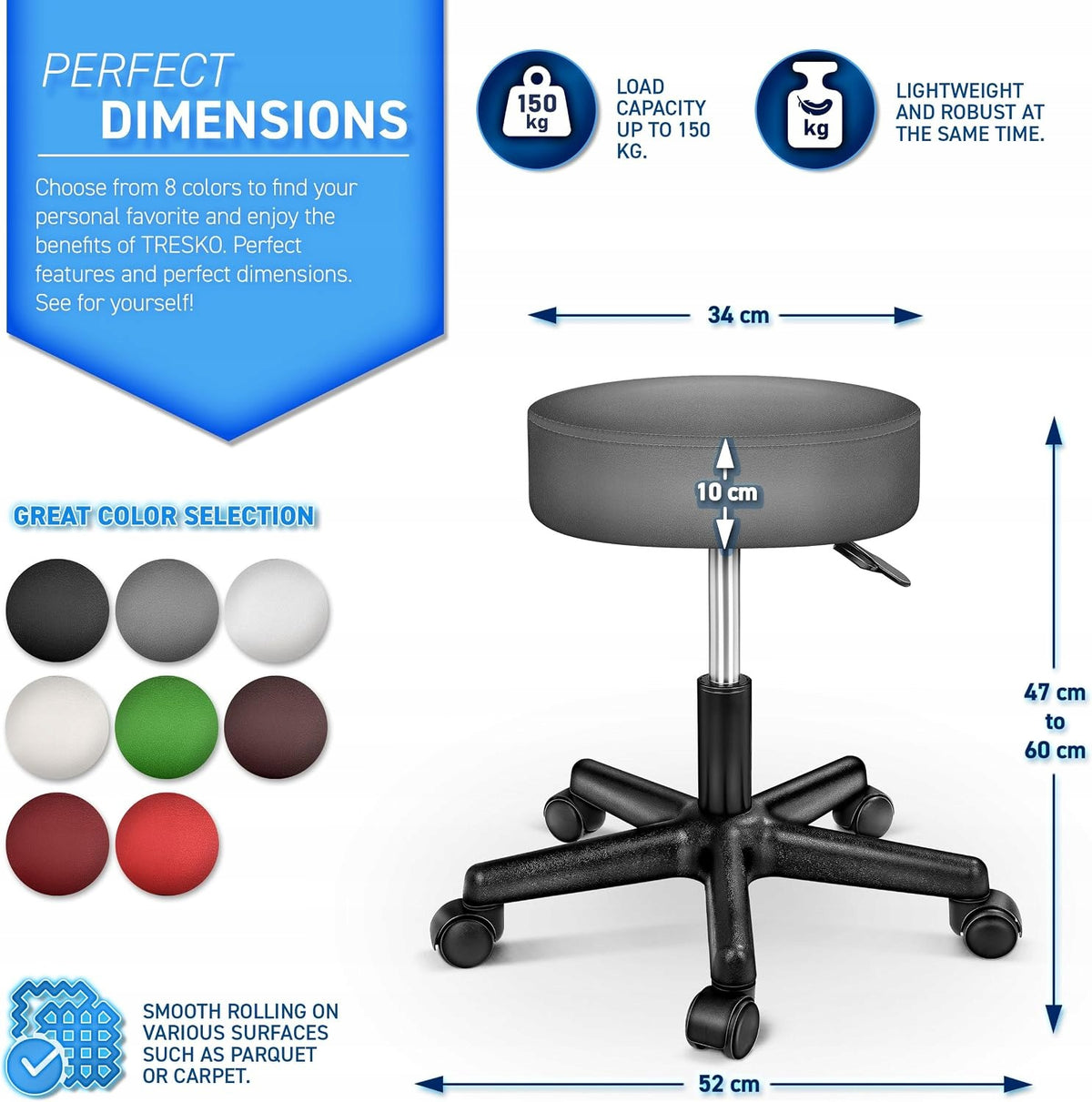 TRESKO SWIVEL STOOL ON WHEELS GREY ADJUSTABLE BARBER BAR STOOL 150KG Packaging status original