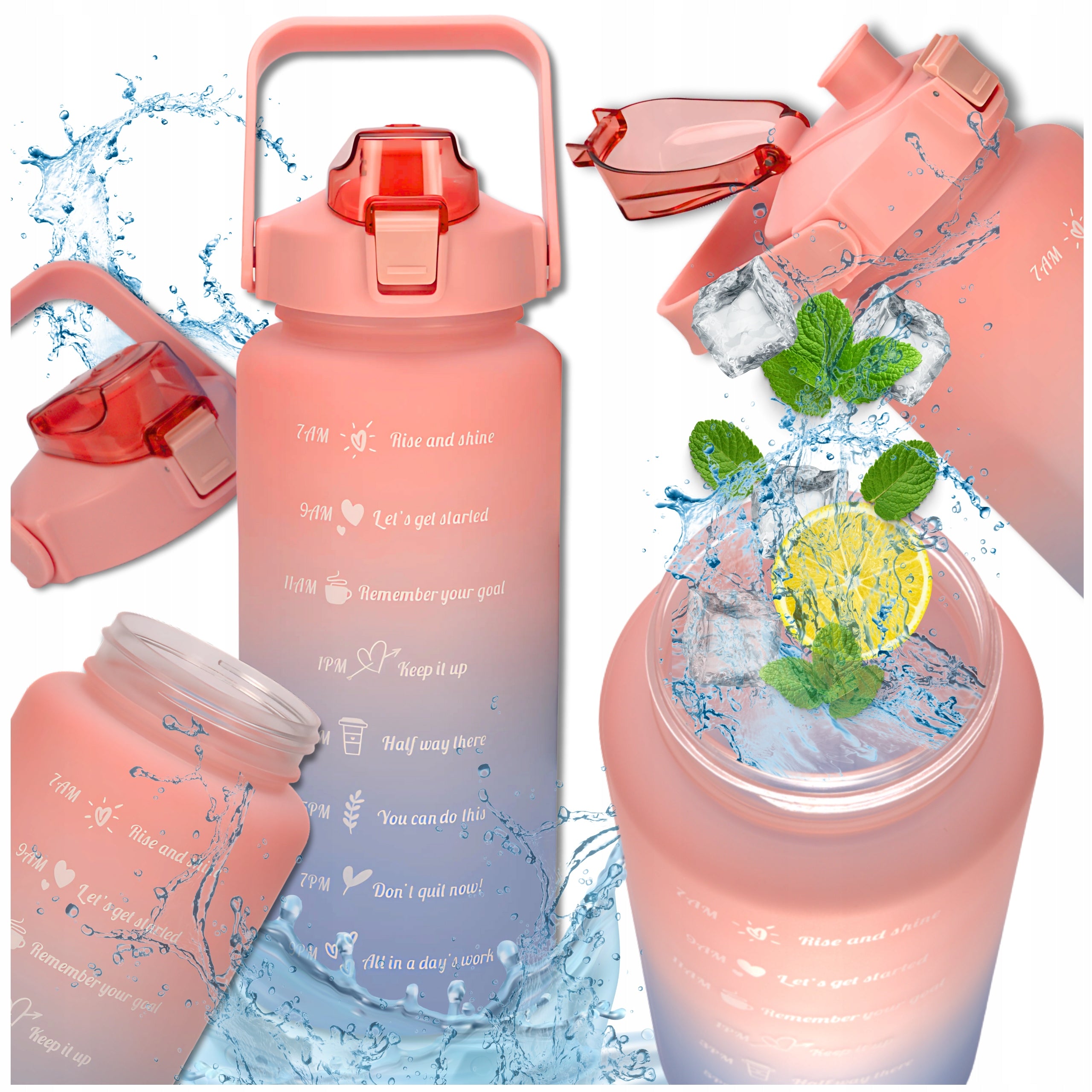 TRESSARI Motivational bottle large 2000ml sports water bottle BPA FREE Color pink
