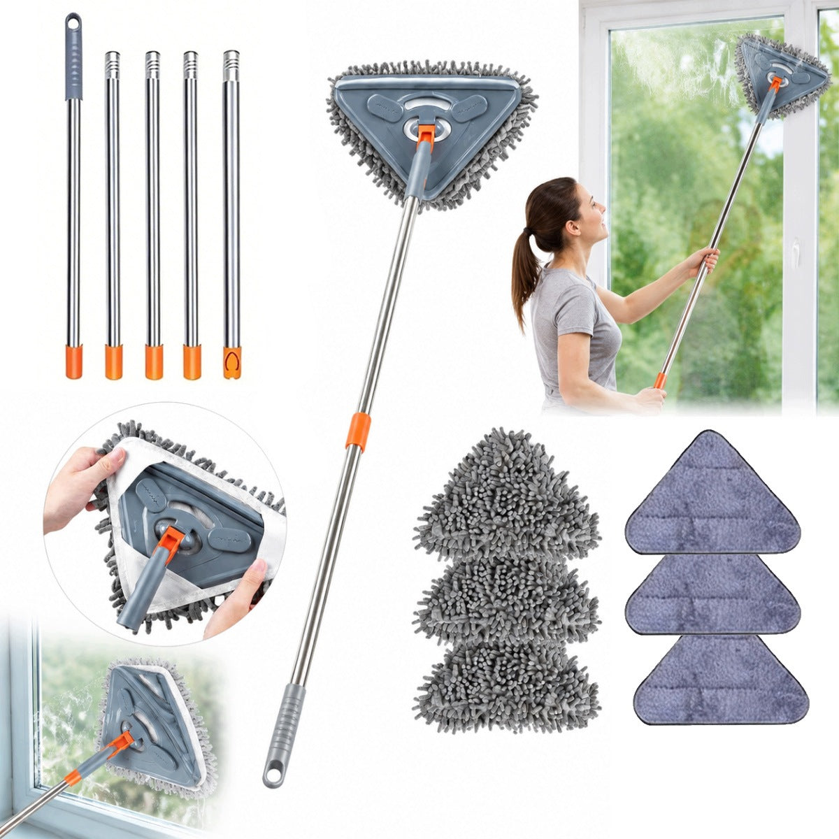 TRIANGULAR LONG HANDLE MOP, 360 DEGREE TRIANGULAR CLEANING MOP