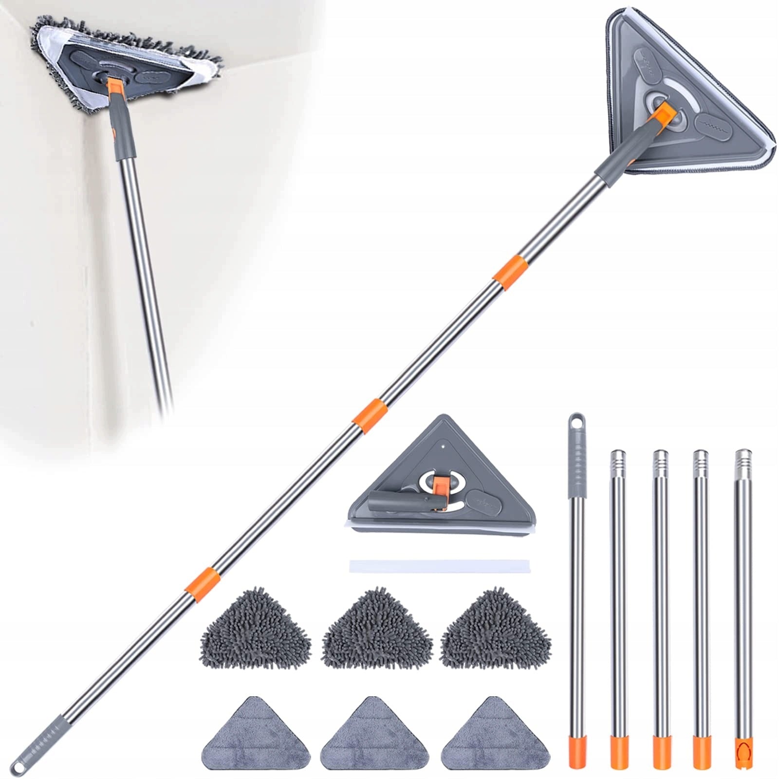 TRIANGULAR MOP WITH ROTATING MICROFIBER HEAD FOR CLEANING FLOORS AND CEILINGS
