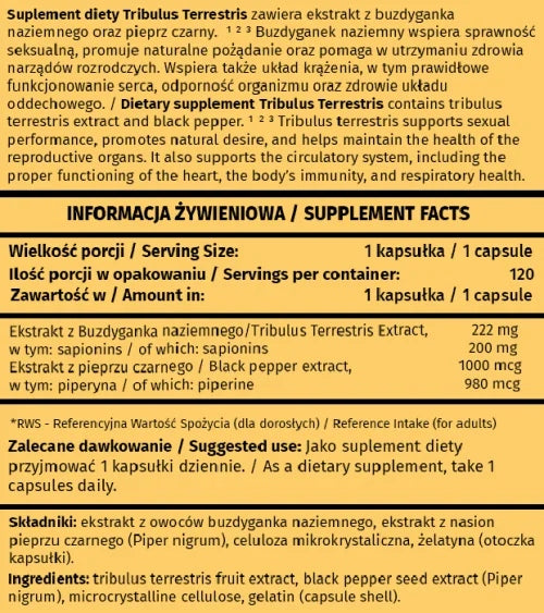TRIBULUS TERRESTRIS Extract 95% + Piperine Testosterone Sex Libido POTENCY Expiration date at least 1 year from the date of purchase