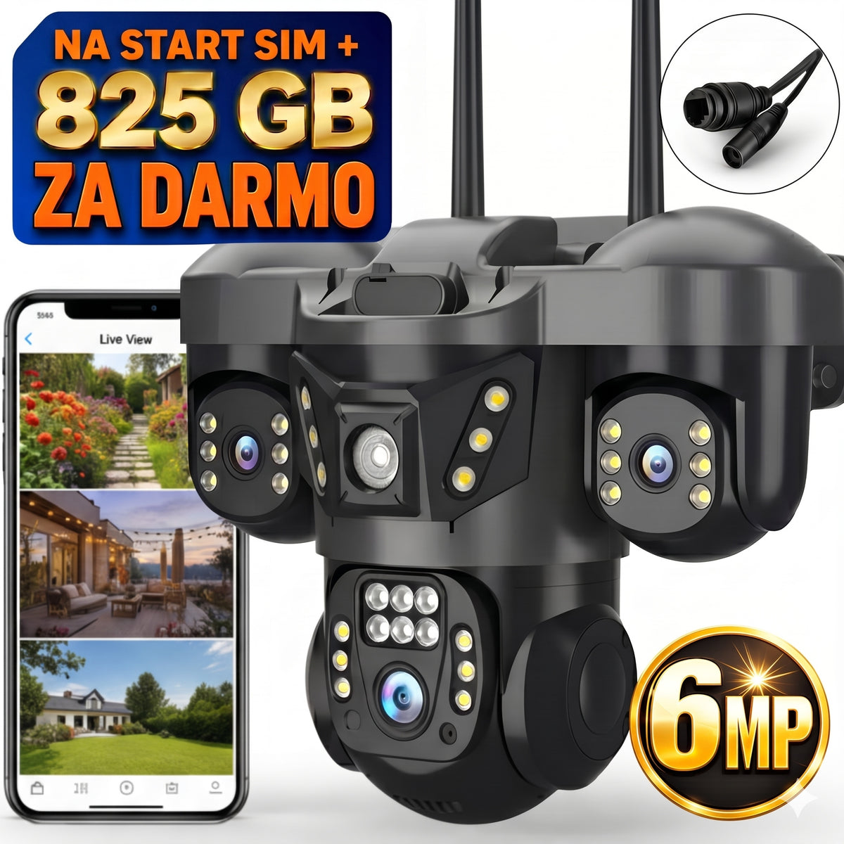 TRIPLE CAMERA GSM 4G LTE 6MPX ROTATING EXTERNAL FOR CARD TRACKING AI Manufacturer code POTRÓJNA KAMERA TRYB NOCNY NAGRYWANIE AUDIO