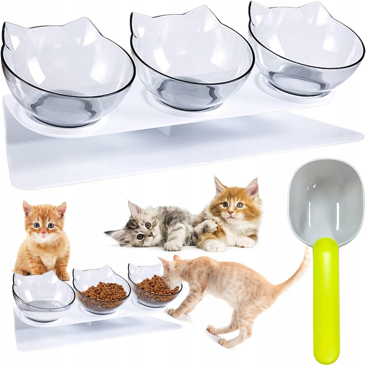 TRIPLE CAT BOWLS STAND SET OF THREE BOWLS ON STAND INCLINED 3in1