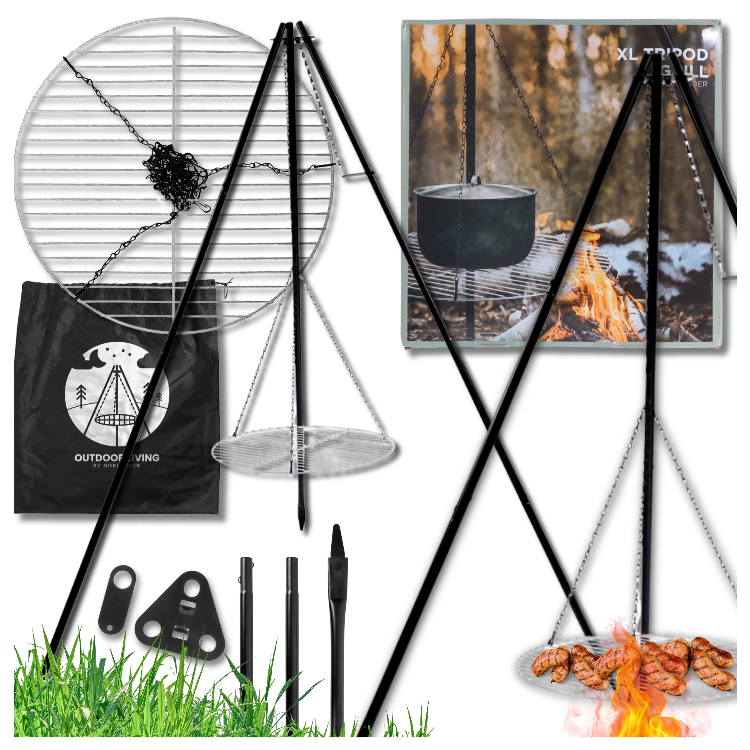 TRIPOD Fire Pit Large Garden Focal GRILL Hanging BBQ Grate 2in1