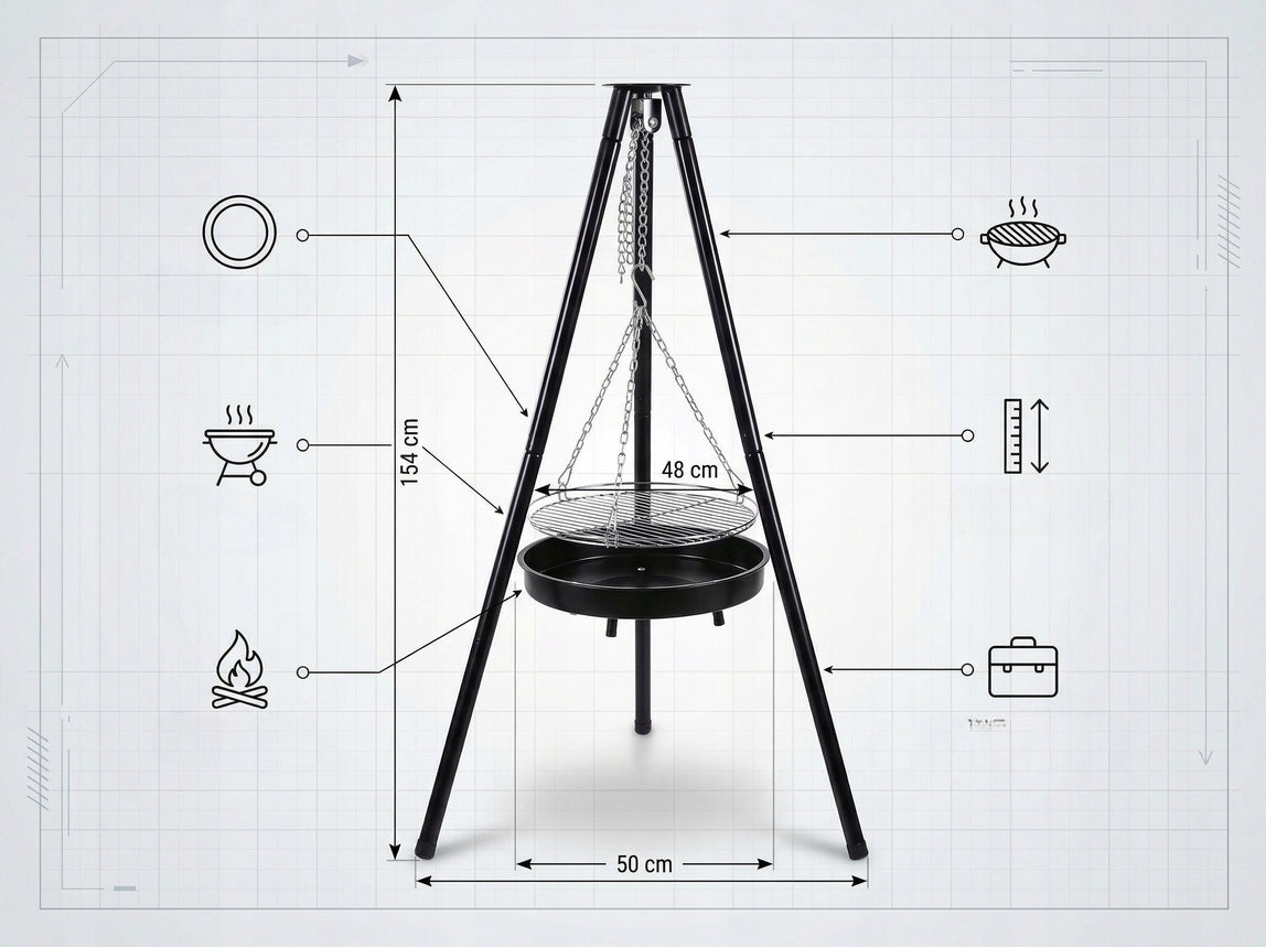 TRIPOD GRILL FOR GARDEN FIREPLACE WITH GRATE FOR HEARTHS 60 CM HEIGHT 152 Material steel