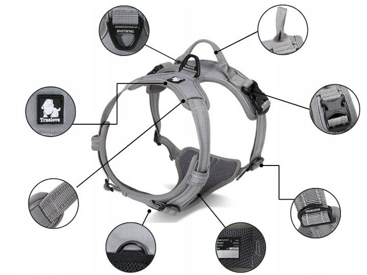 TRUELOVE EASY WALK DOG HARNESS STRONG DURABLE REFLECTIVE GREY M Color gray