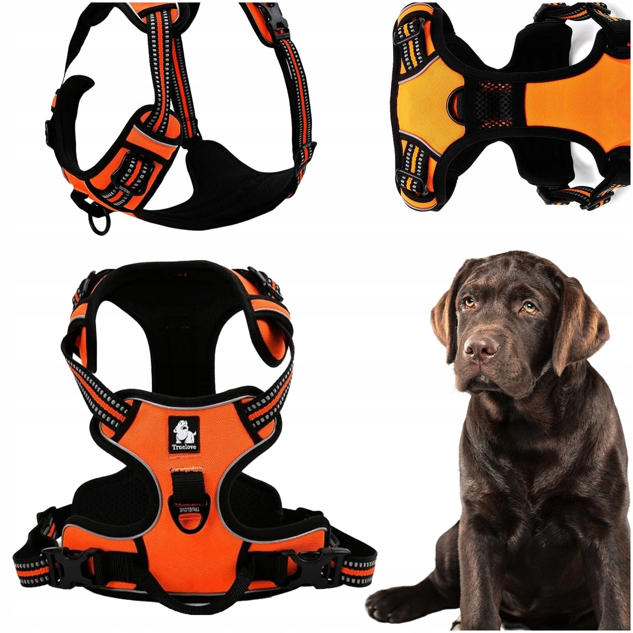TRUELOVE EASY WALK DOG HARNESS STRONG DURABLE REFLECTIVE ORANGE XL