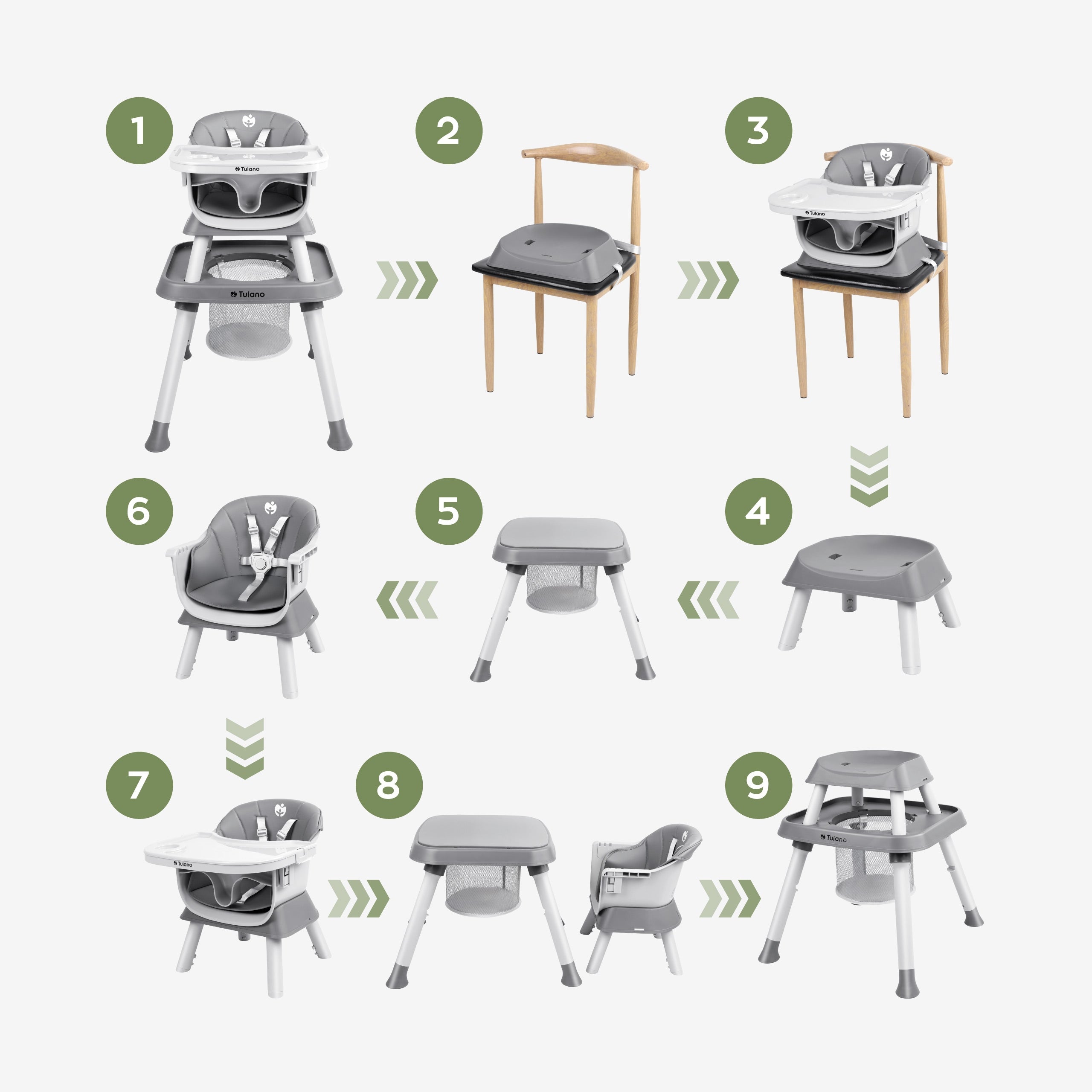 TULANO grey 9in1 folding high chair for 40kg 6msc-12lat Packaging status original