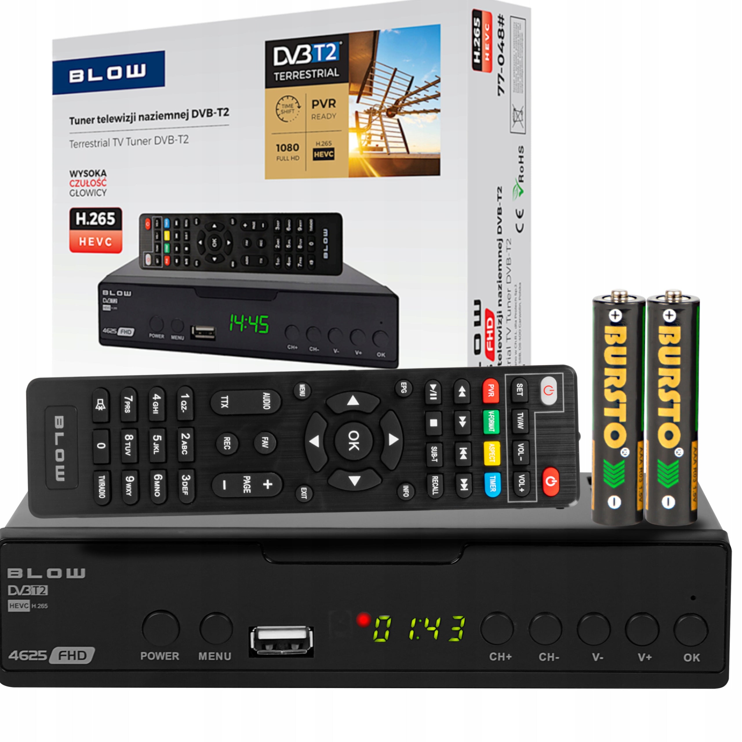 TUNER DECODER DVB-T2 TV TERRESTRIAL H.265 HEVC FULL HD USB HDMI REMOTE CONTROL BATTERIES
