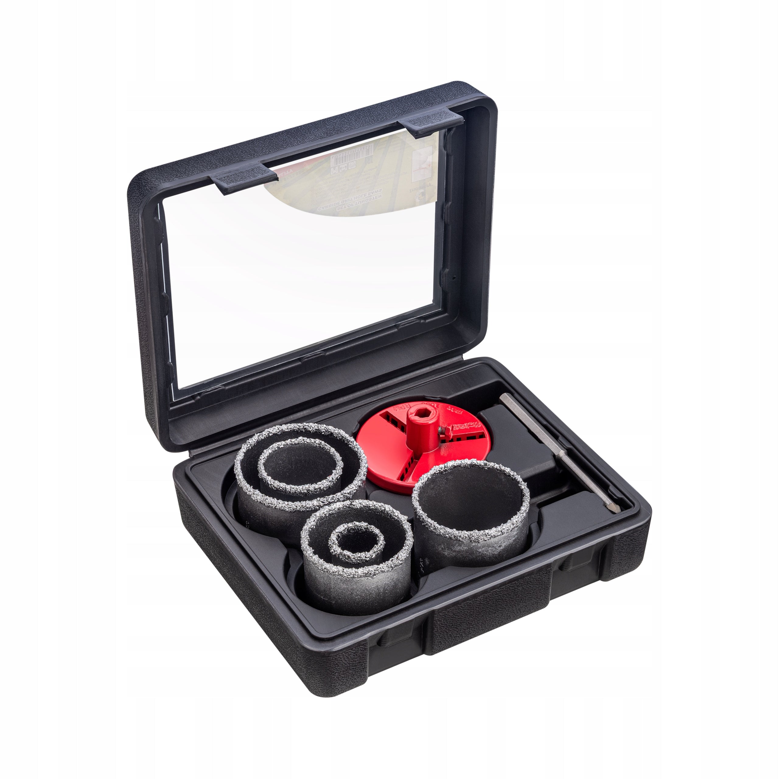TUNGSTEN CARBIDE HOLE SAWS AND LOCATING PLATE SET 33-83 MM, 6 PCS, ADAPTER Packaging status original