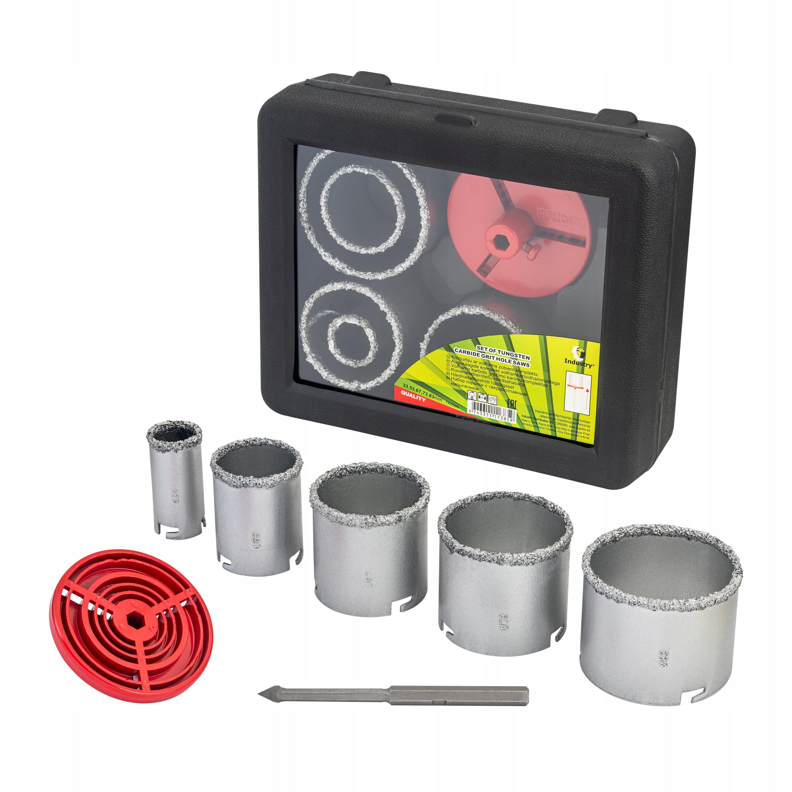 TUNGSTEN CARBIDE HOLE SAWS AND LOCATING PLATE SET 33-83 MM, 6 PCS, ADAPTER
