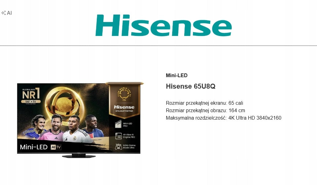 TV Hisense 65U8Q 65" MiniLED 4K 165Hz VRR VIDAA Dolby Atmos Packaging status original