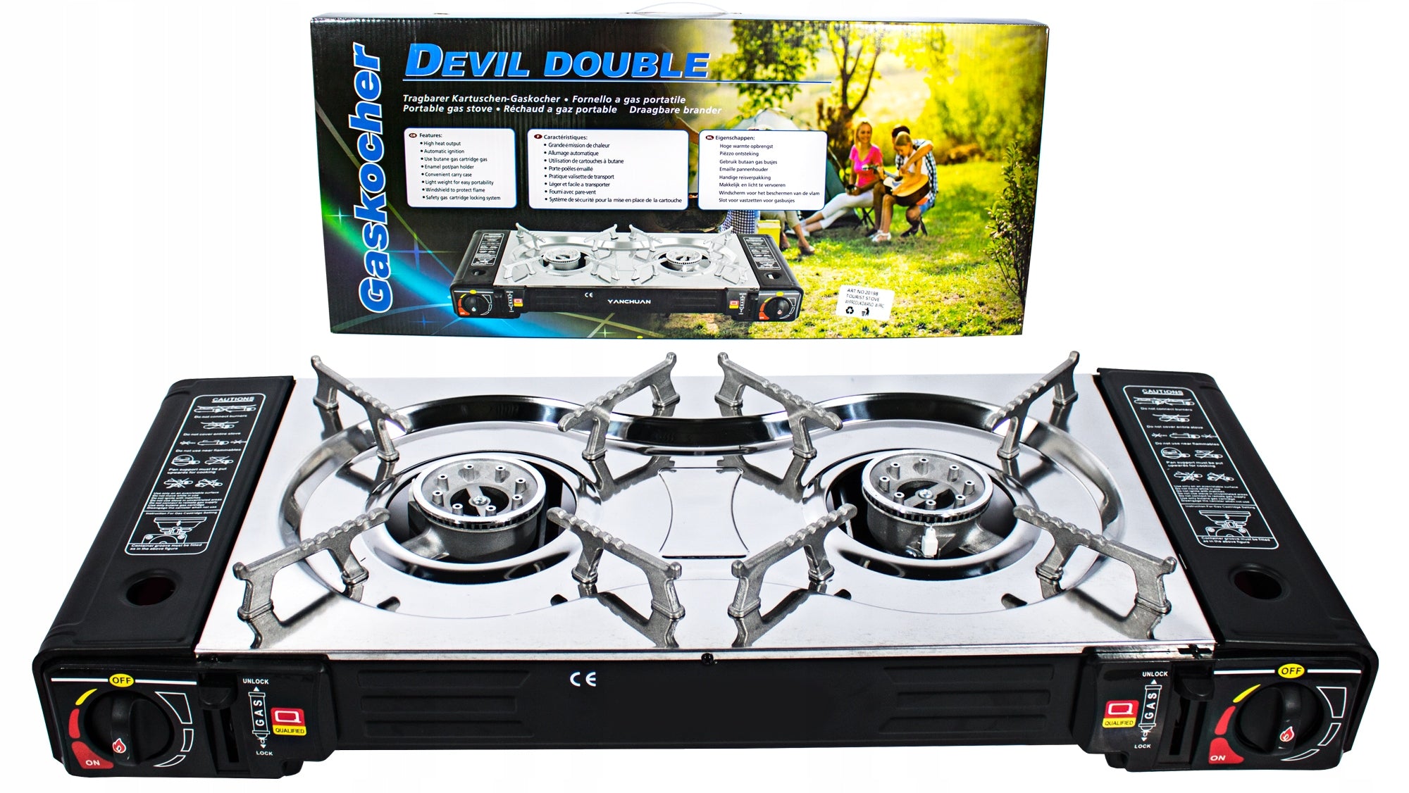 TWO-BURNER GAS TOURIST COOKER for CARTOUCHE and CYLINDERS stainless steel Brand P.R.C