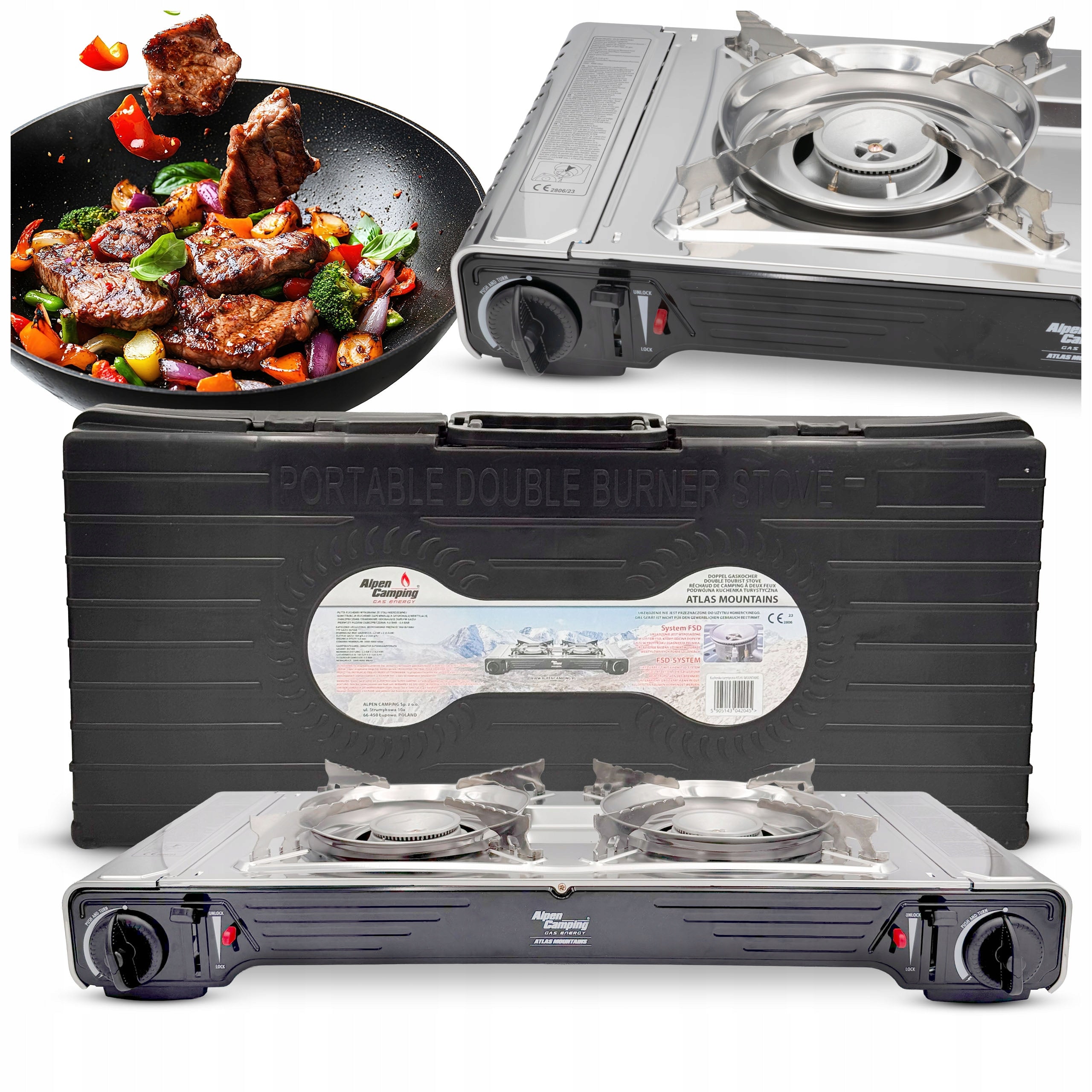 TWO-BURNER TOURIST STOVE FOR CARTOUCHE GRILL ALPEN CAMPING + SUITCASE