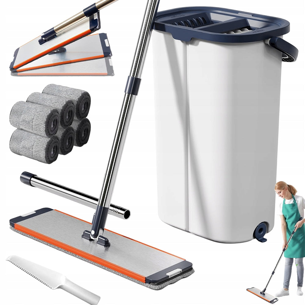 TWO-CHAMBER FLAT MOP 6X MICROFIBER WITH SQUEEZE BUCKET SET WHITE