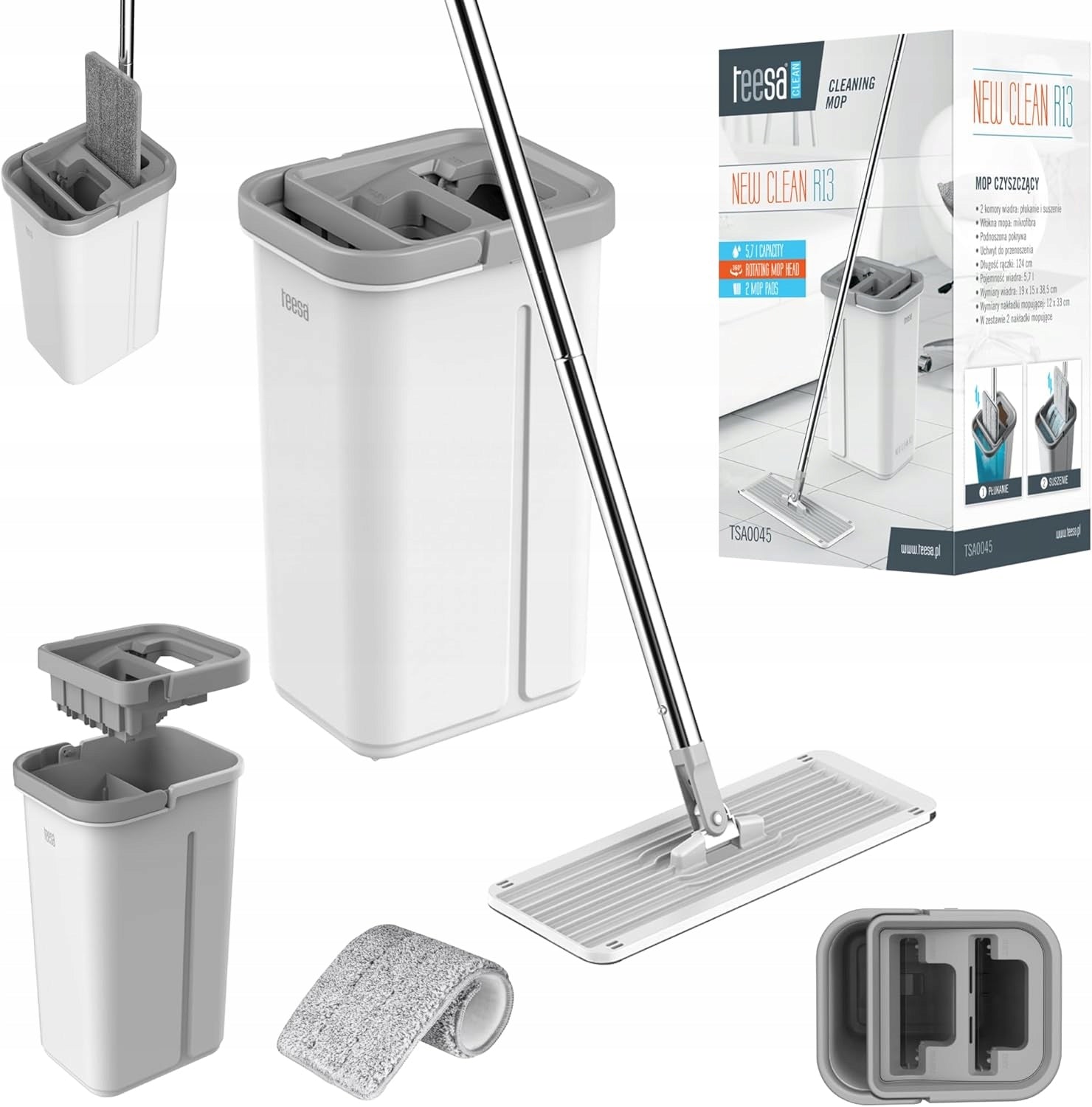 TWO-CHAMBER FLAT MOP TEESA NEW CLEAN R13 BUCKET 5,7L MICROFIBER