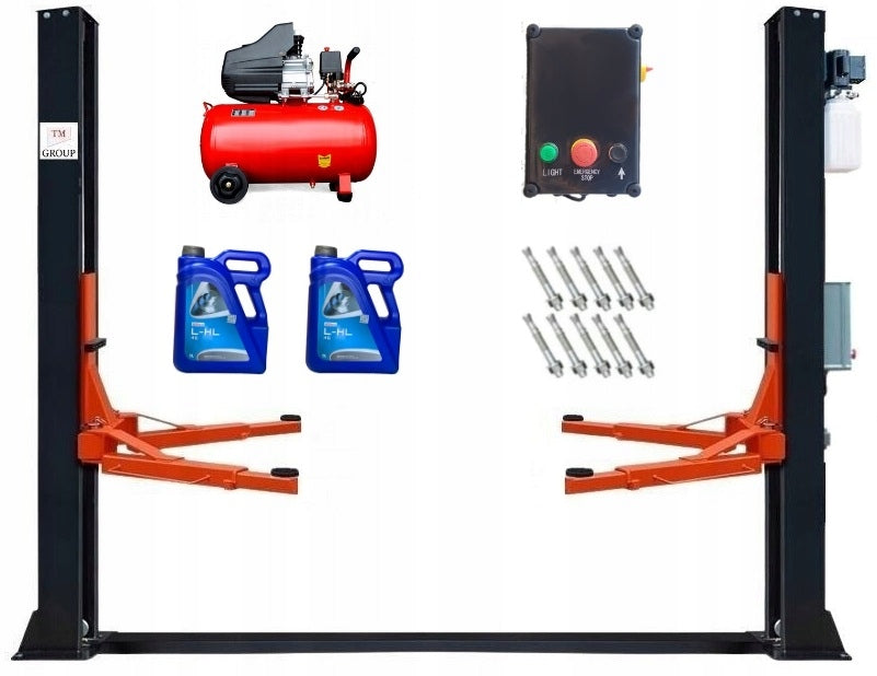 TWO-COLUMN WORKSHOP LIFT AUTOMATIC 4T + COMPRESSOR + OIL