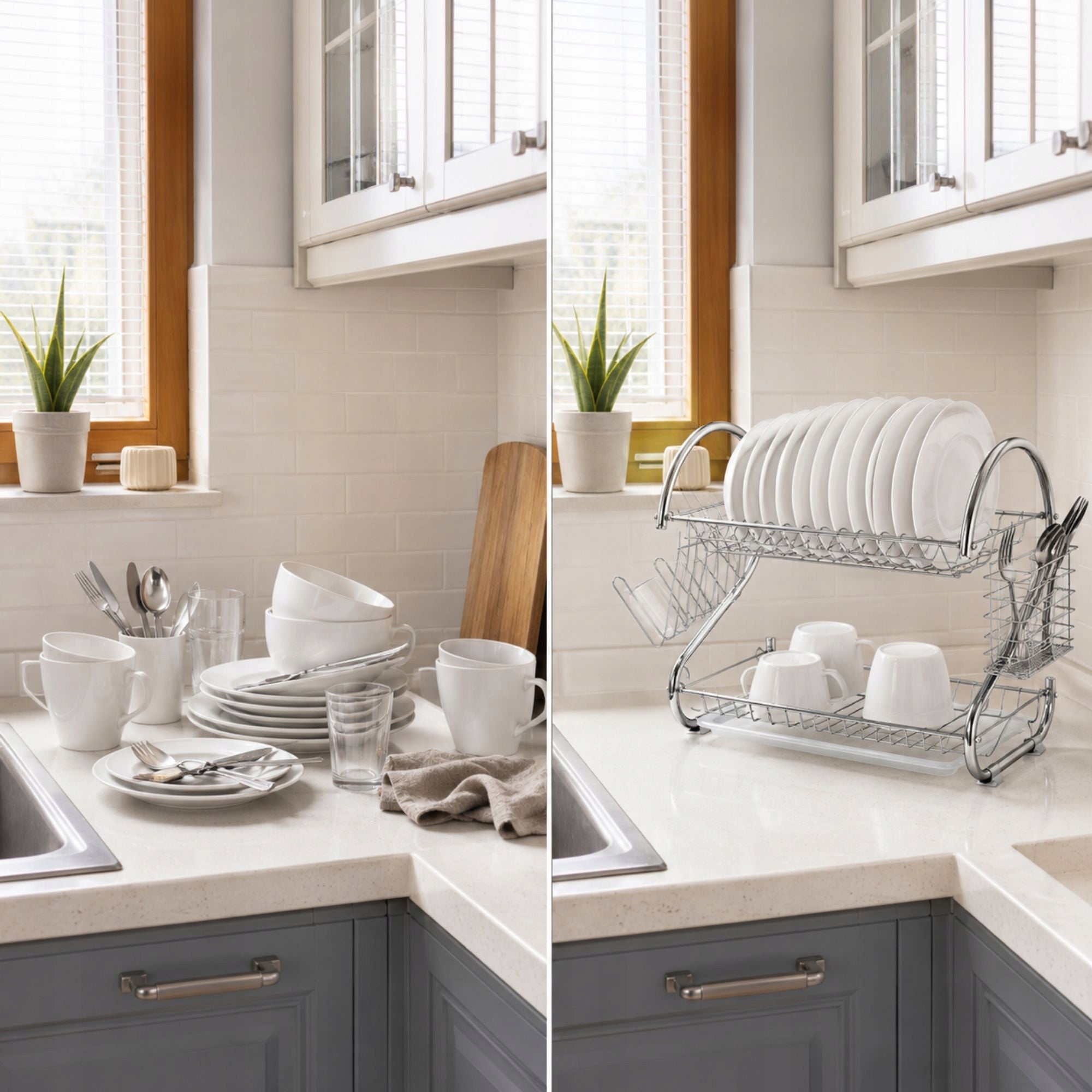 TWO-TIER DISH DRYER WITH DRAINER FOR PLATES CUPS AND CUTLERY Brand Verk Group