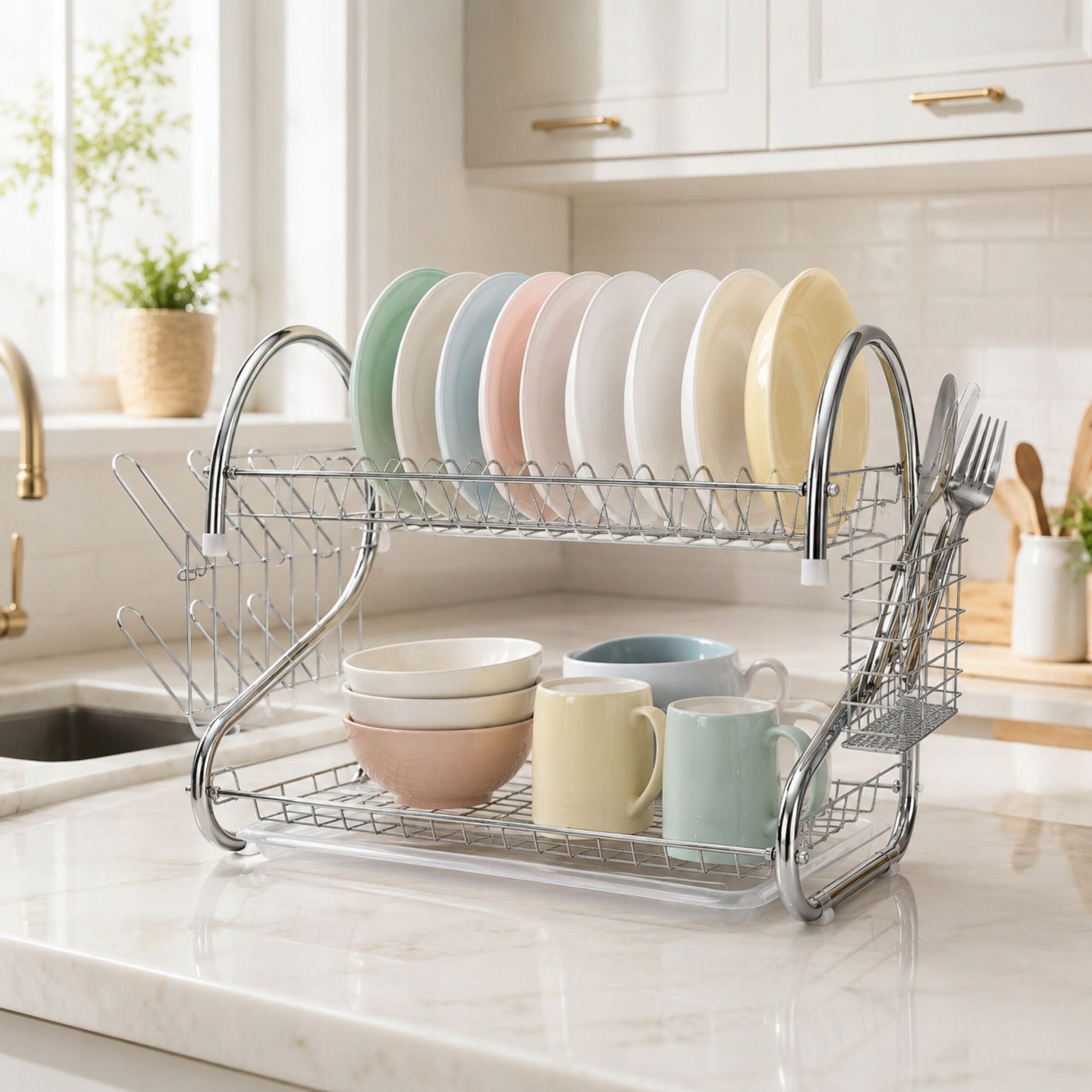 TWO-TIER DISH DRYER WITH DRAINER FOR PLATES CUPS AND CUTLERY Packaging status original