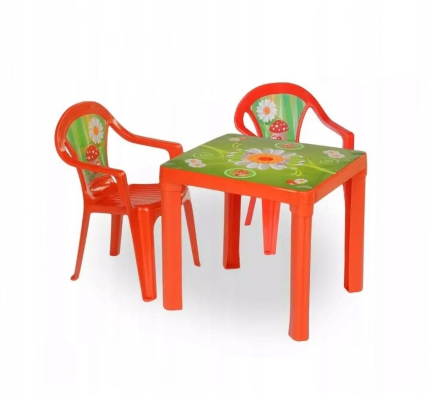 Table and two chairs red