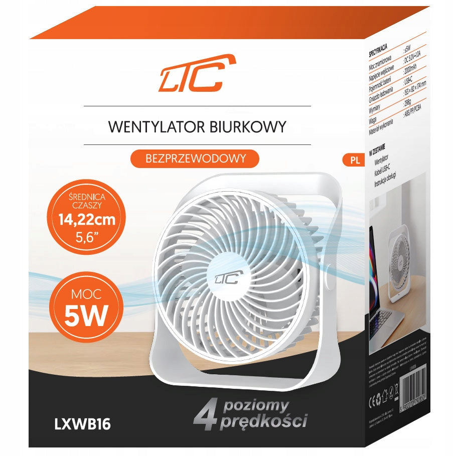 Table fan LTC Wireless DESK FAN WB16 white 2000mAh Dominant color white