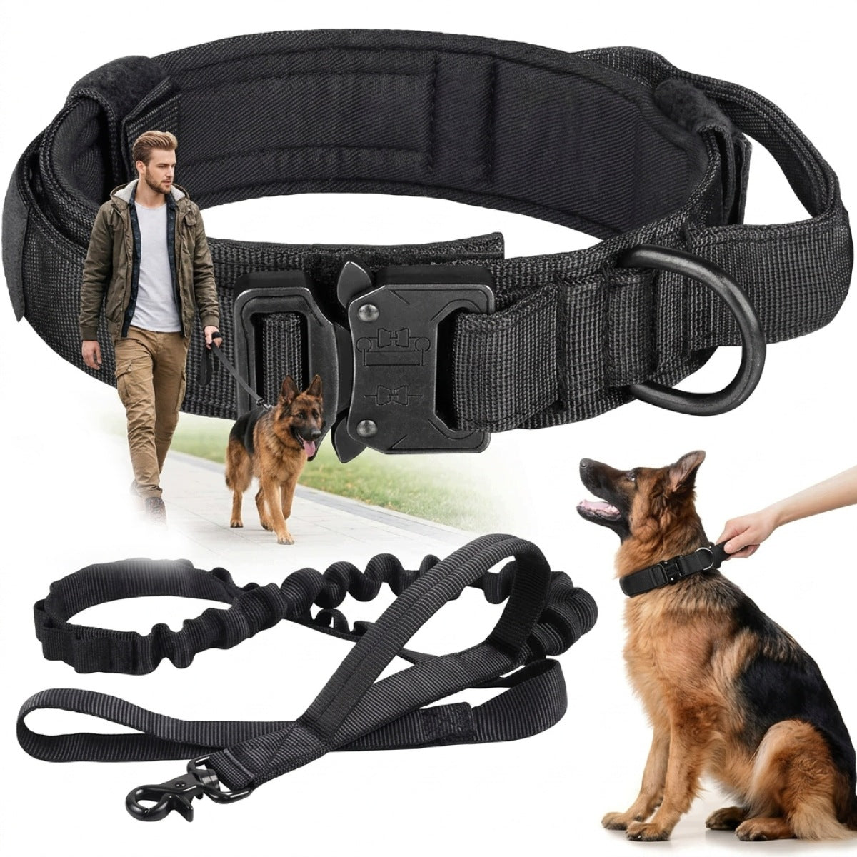 Tactical collar and leash set – for dog, adjustable, strong, L