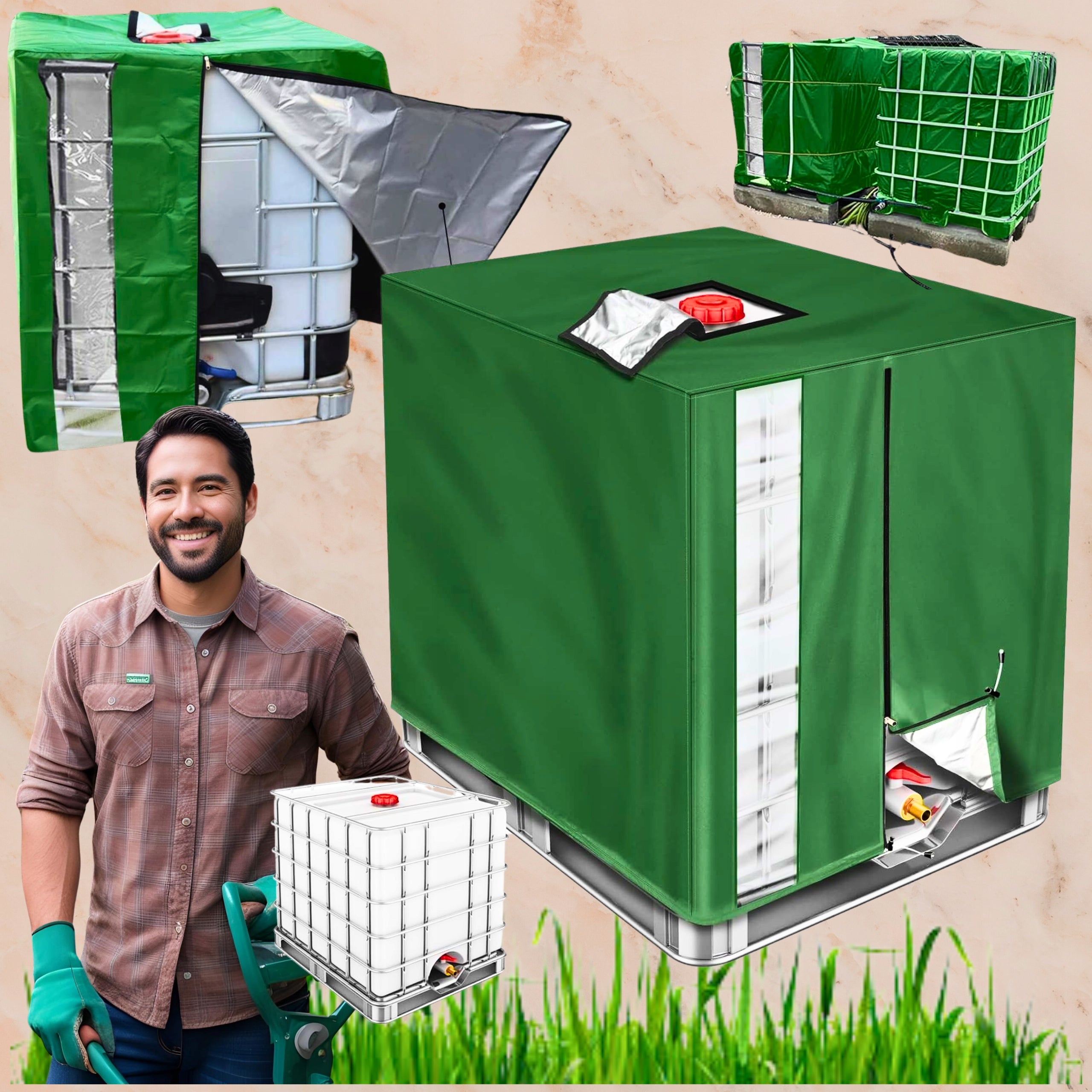 Tank cover tarpaulin cover MAUZER 1000l PREMIUM ZIPPER window Color green