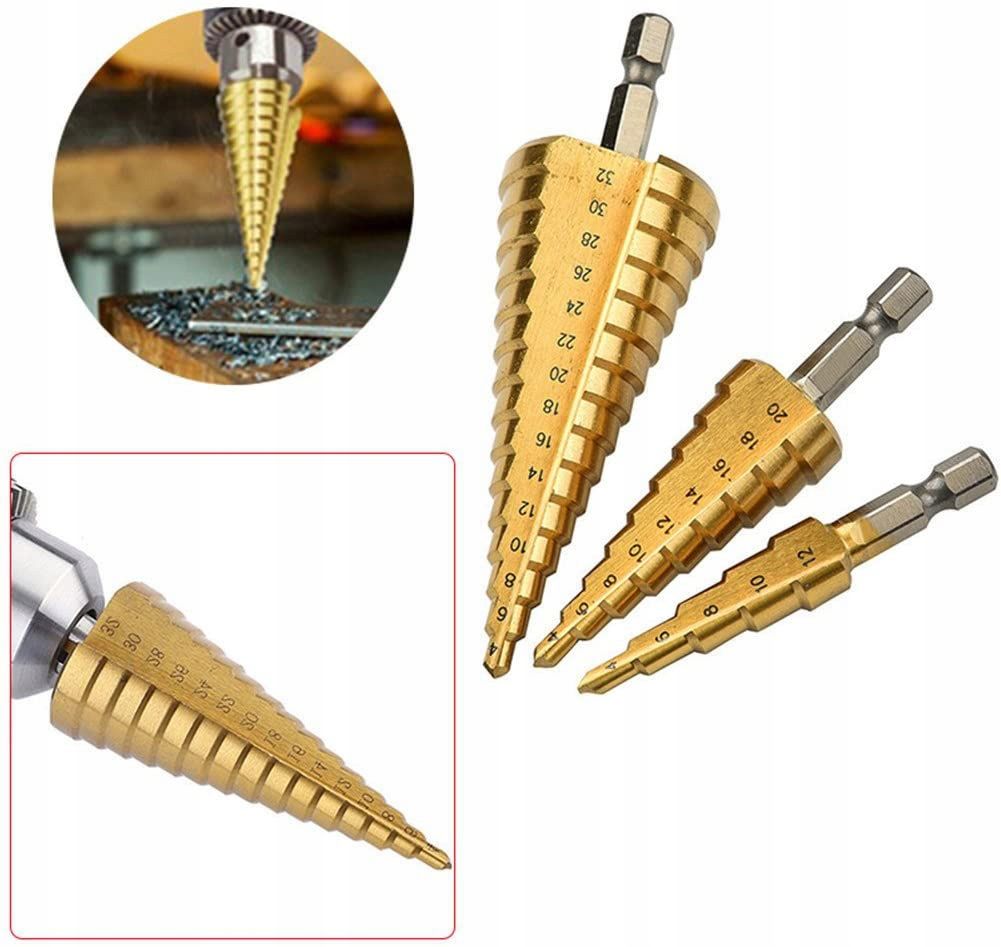 Tapered Step Drill Bits For Metal Wood Plastic Sheet Metal 3pcs 4-32mm Manufacturer code sw-65