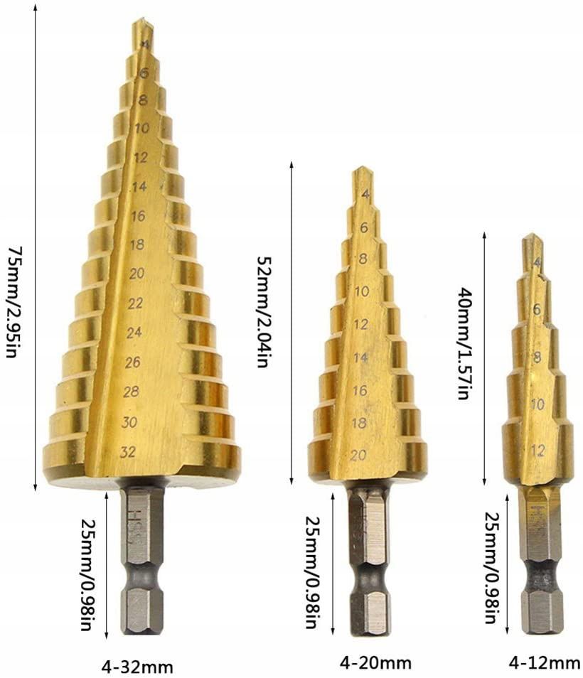 Tapered Step Drill Bits For Metal Wood Plastic Sheet Metal 3pcs 4-32mm Packaging status original