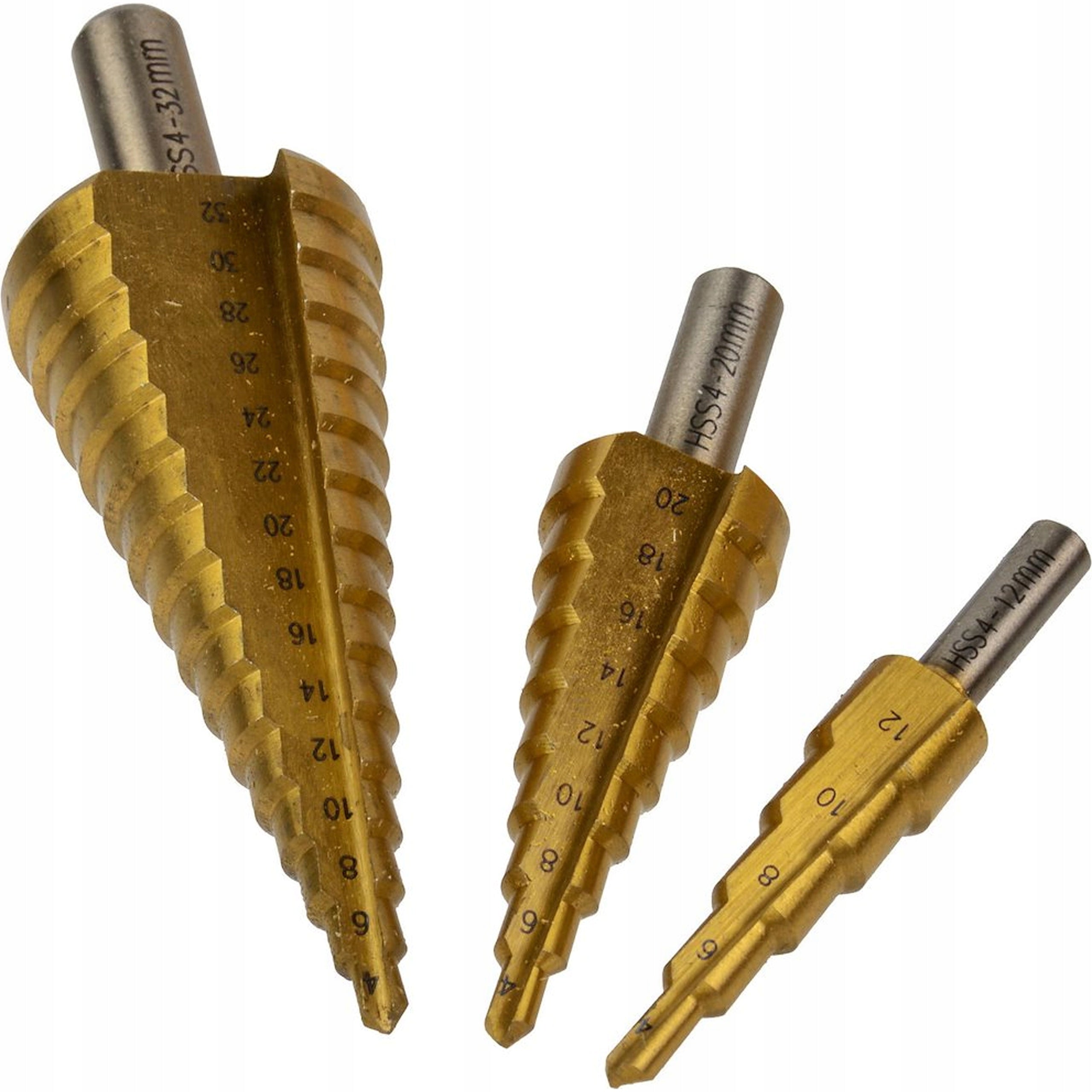 Tapered drill bits HSS TiN 4-32 mm 3 pcs. GEKO G38502 Product weight with unit packaging 0.4 kg