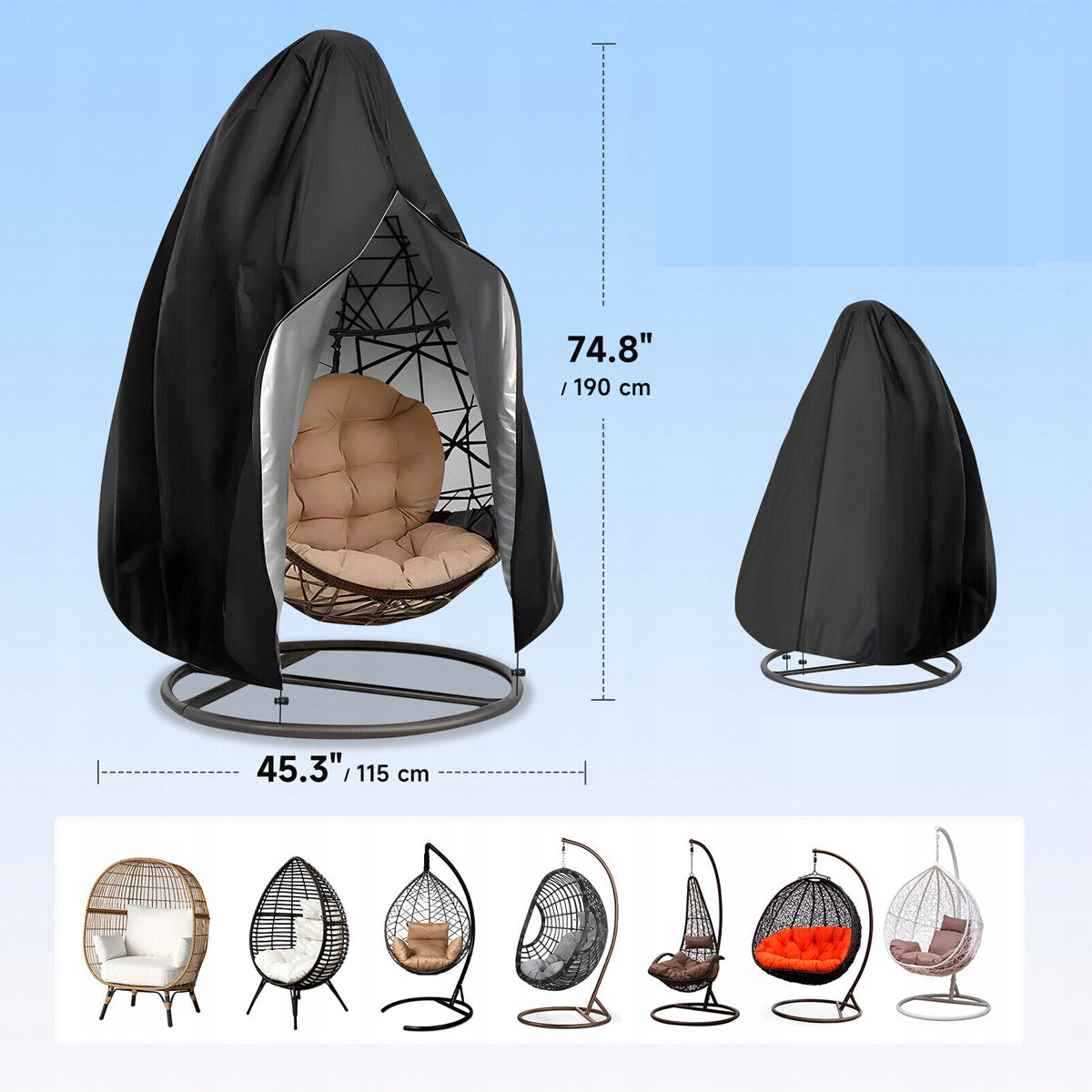 Tarpaulin cover for armchair hanging cocoon garden swing zipper basket Length 190 cm