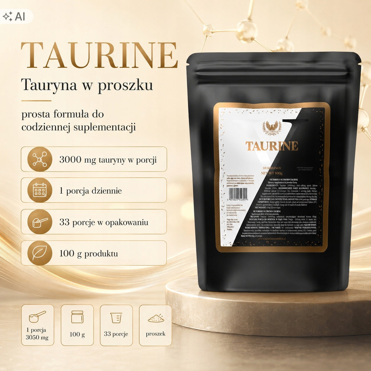 Taurine 100g Powder Taurine Natural VIctorious Packaging status original