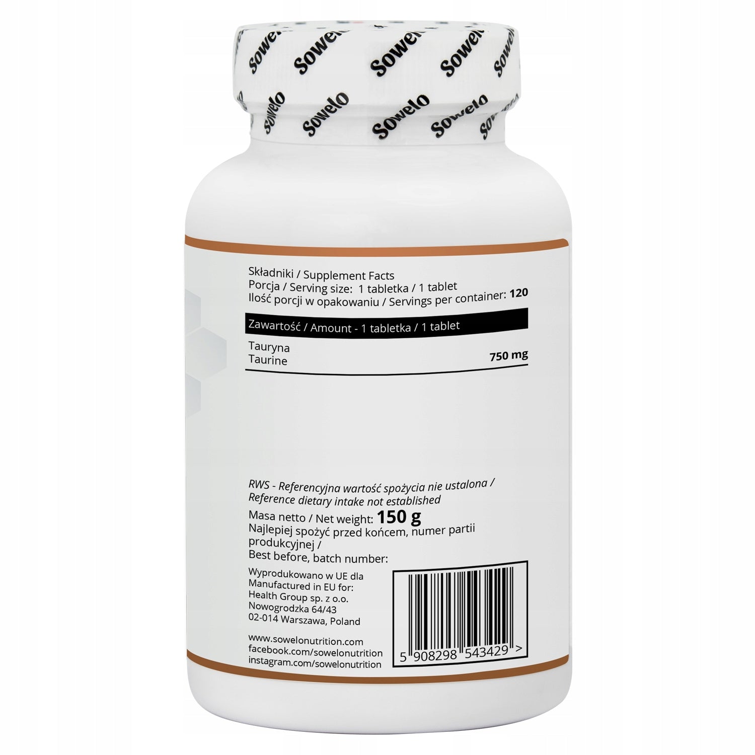 Taurine 750 mg (Taurine) 120 Tab – Energy, Regeneration, Focus – Sowelo Expiration date at least 1 year from the date of purchase